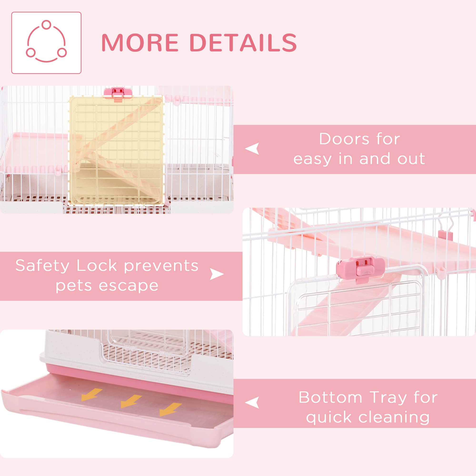 Pawhut 4-Level Small Animal Cage Rabbit Hutch With Wheels, Removable Tray, Platform And Ramp For Bunny, Chinchillas, Ferret, Pink