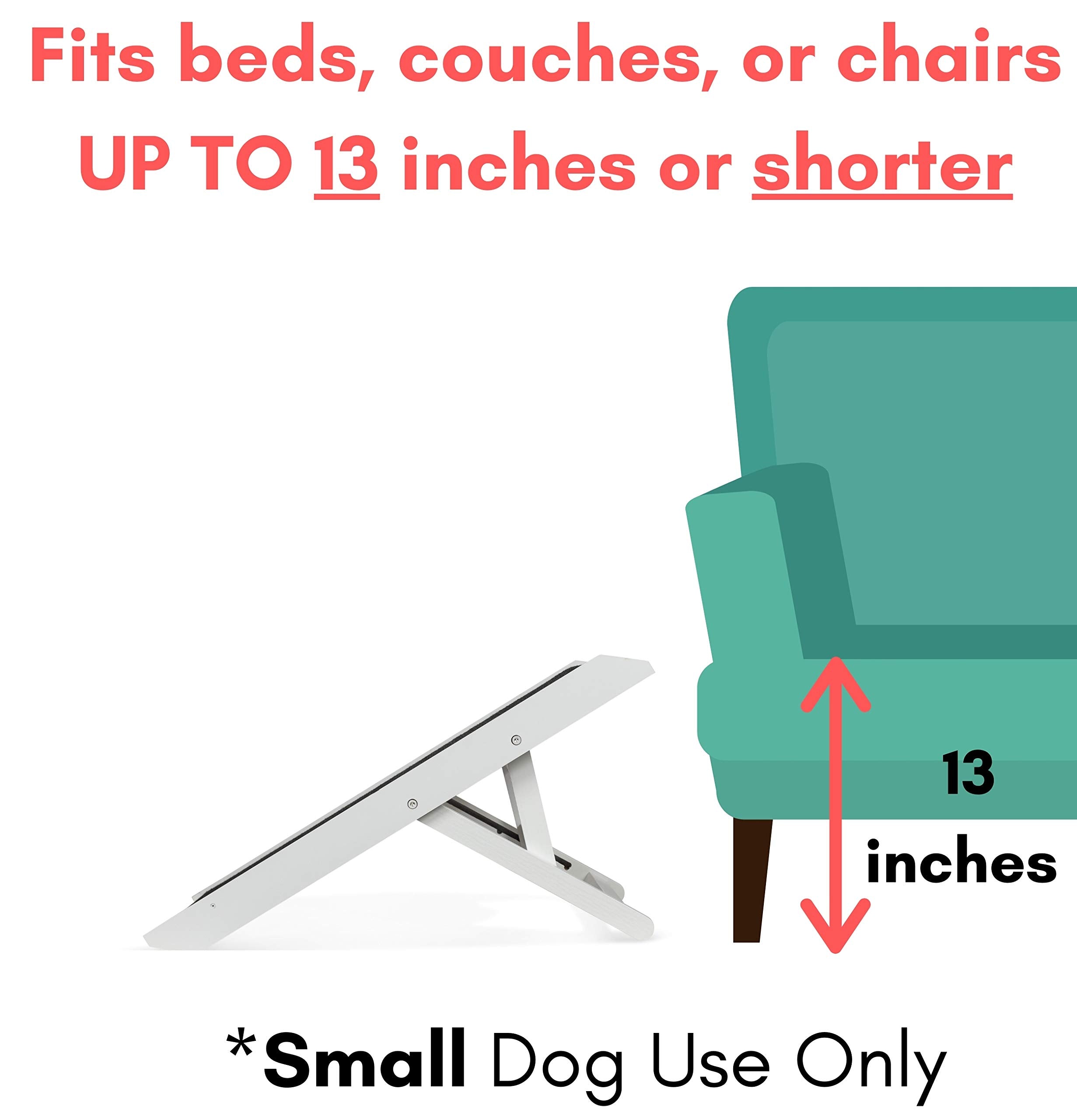 Birdrock Home Adjustable Dog Ramp For Low Beds Or Couches - Small Dogs Or Cats Only - Decorative Wooden Folding Doggie Ramps - Paw Friendly Grip Carpet - White 13'