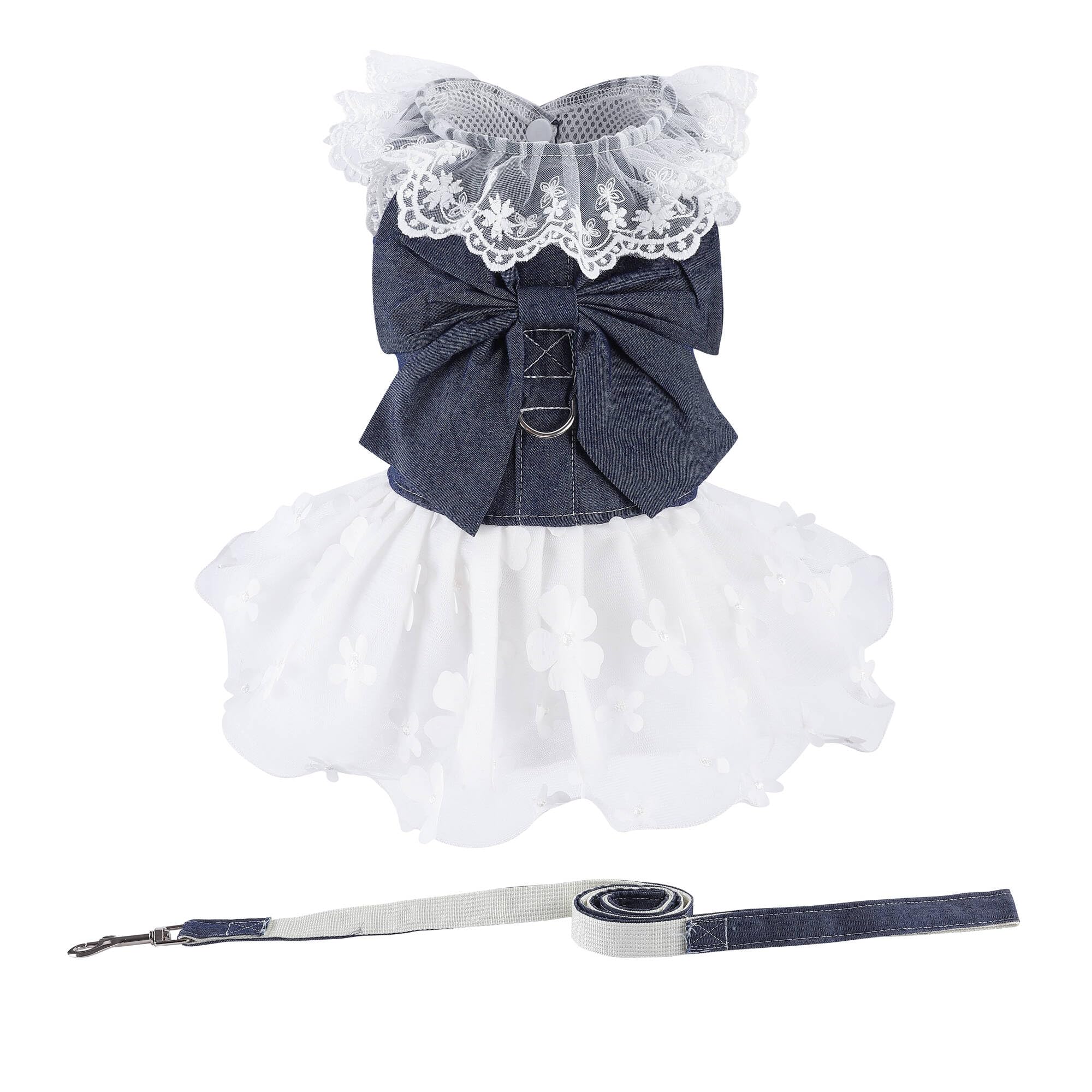 Dog Denim Dress With Leash Ring, Puppy Bowknot Lace Mesh Princess Skirt For Small Pet Fashion Clothes(Navy,X-Large)