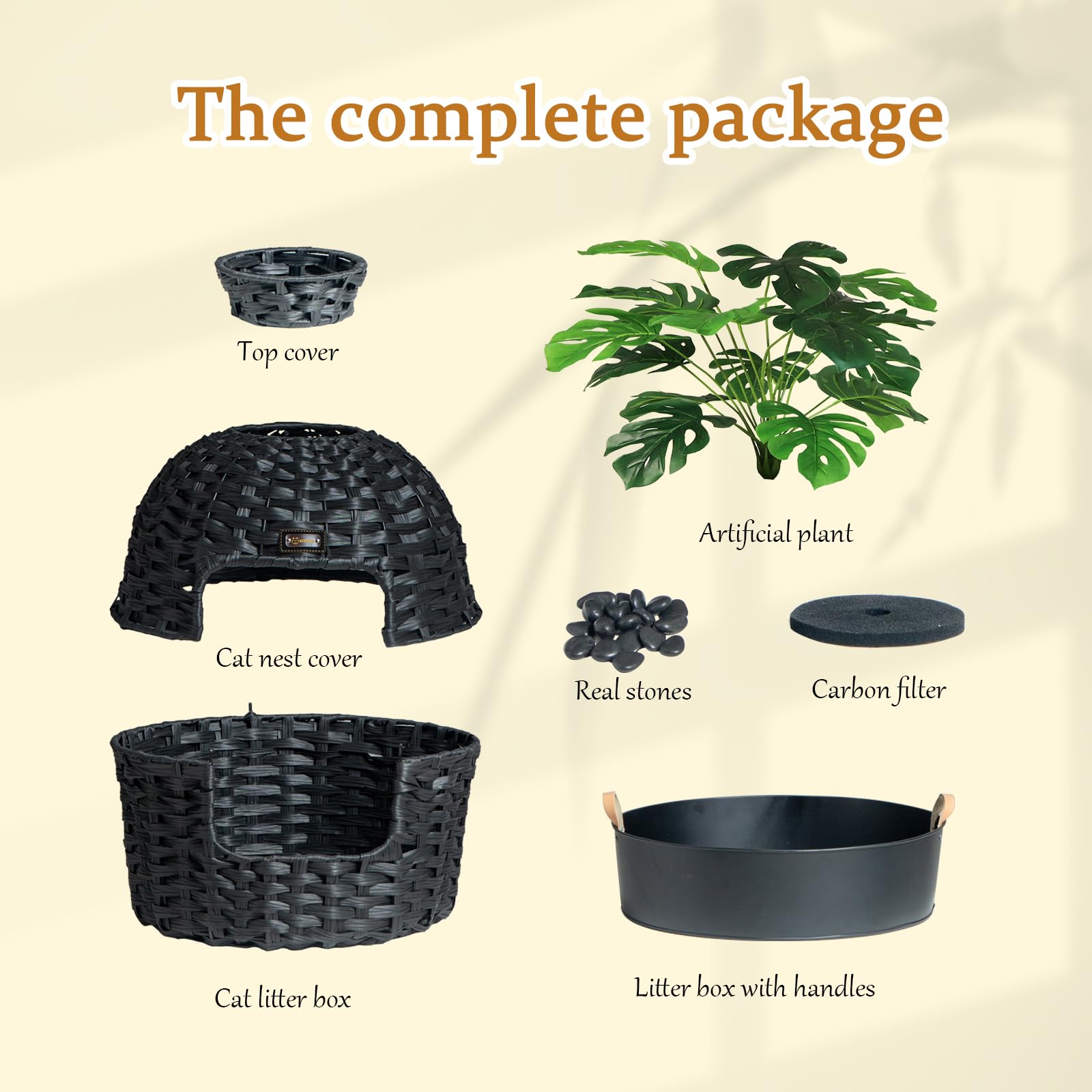KUREEISE Hidden Litter Box Furniture with Artificial Plants, Handwoven Rattan Cat House with Enclosed Litter Box(Black)