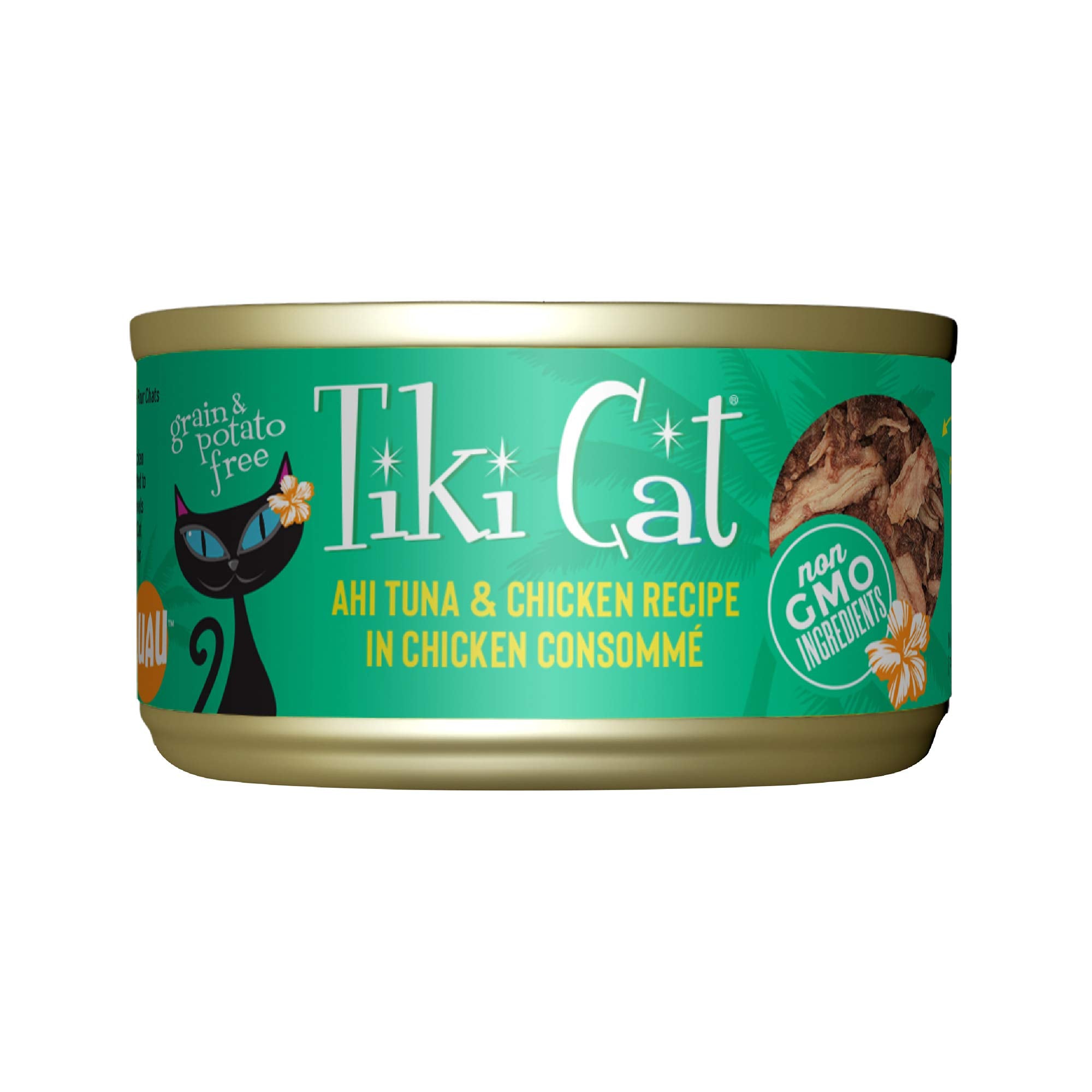 Tiki Cat Luau Shredded Meat, Ahi Tuna & Chicken Recipe in Chicken Consumme, Grain-Free Balanced Nutrition Wet Canned Cat Food, F