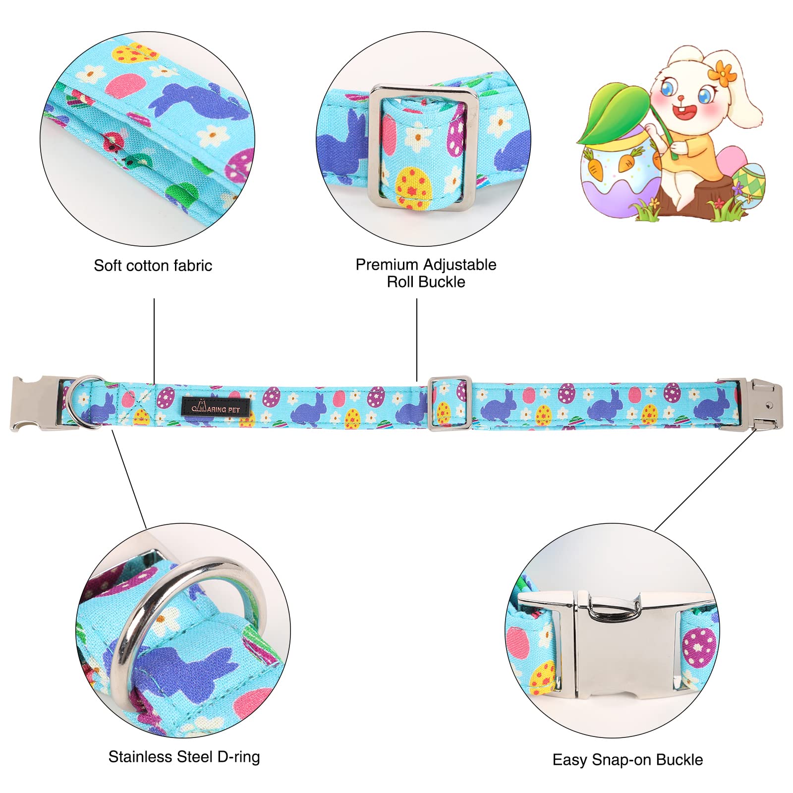ARING PET Easter Dog Collar-Cute Easter Eggs Dog Collar with Sailor Bowtie, Cotton Adjustable Rabbit Dog Collars with Metal Buck