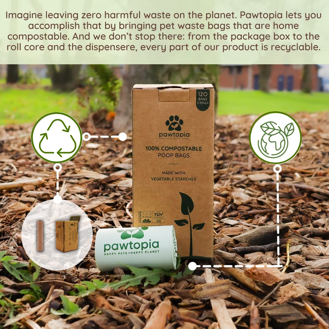 Pawtria Certified Home Compostable Dog Poop Bags (120 Bags + Paper Dispenser), Biodegradable Poop Bags, Cat Litter, Vegetable St