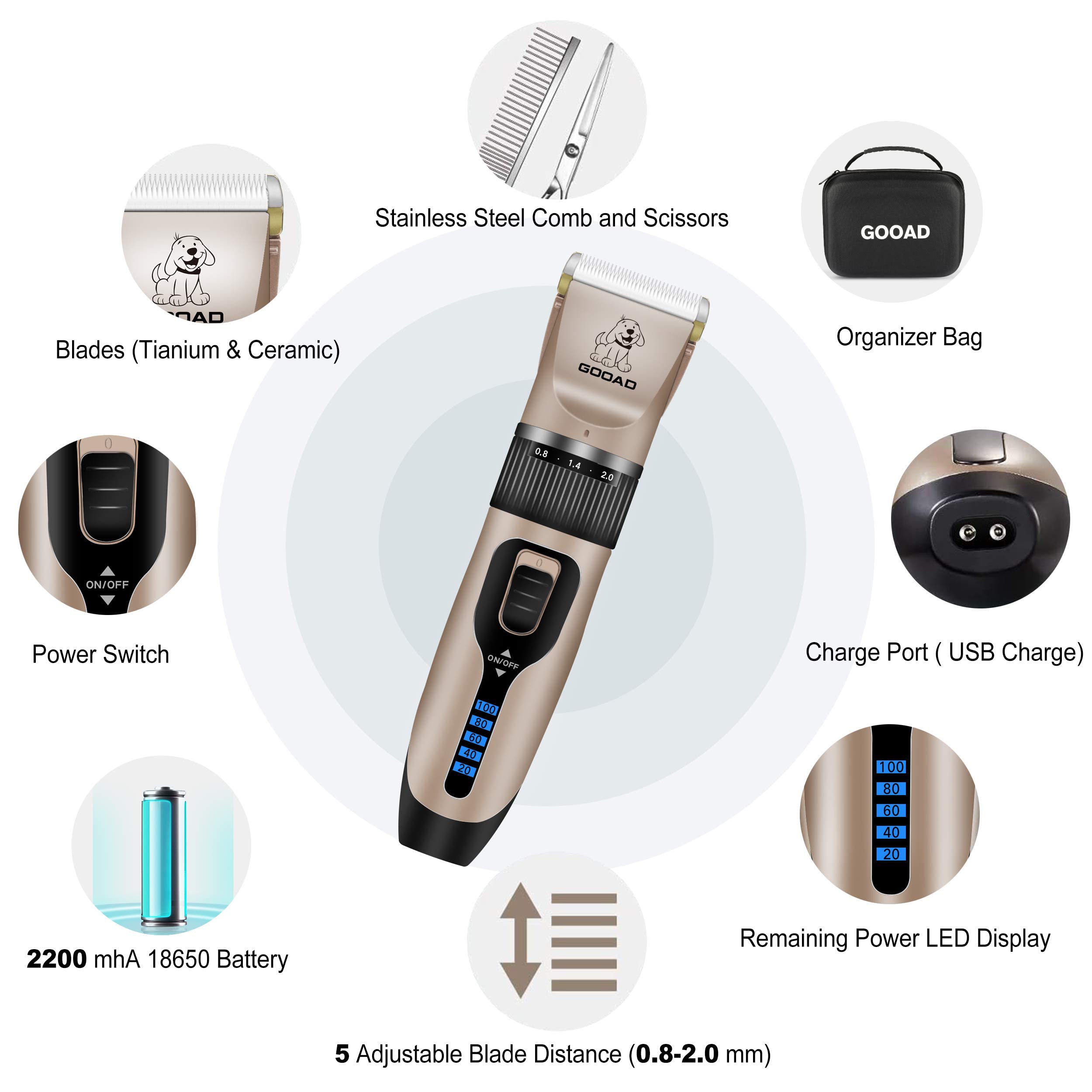 Gooad Dog Clippers,Professional Dog Grooming Kit, Cordless Dog Grooming Clippers For Thick Coats, Dog Hair Trimmer, Low Noise Dog Shaver Clippers,Quiet Pet Hair Clippers For Dogs Cats