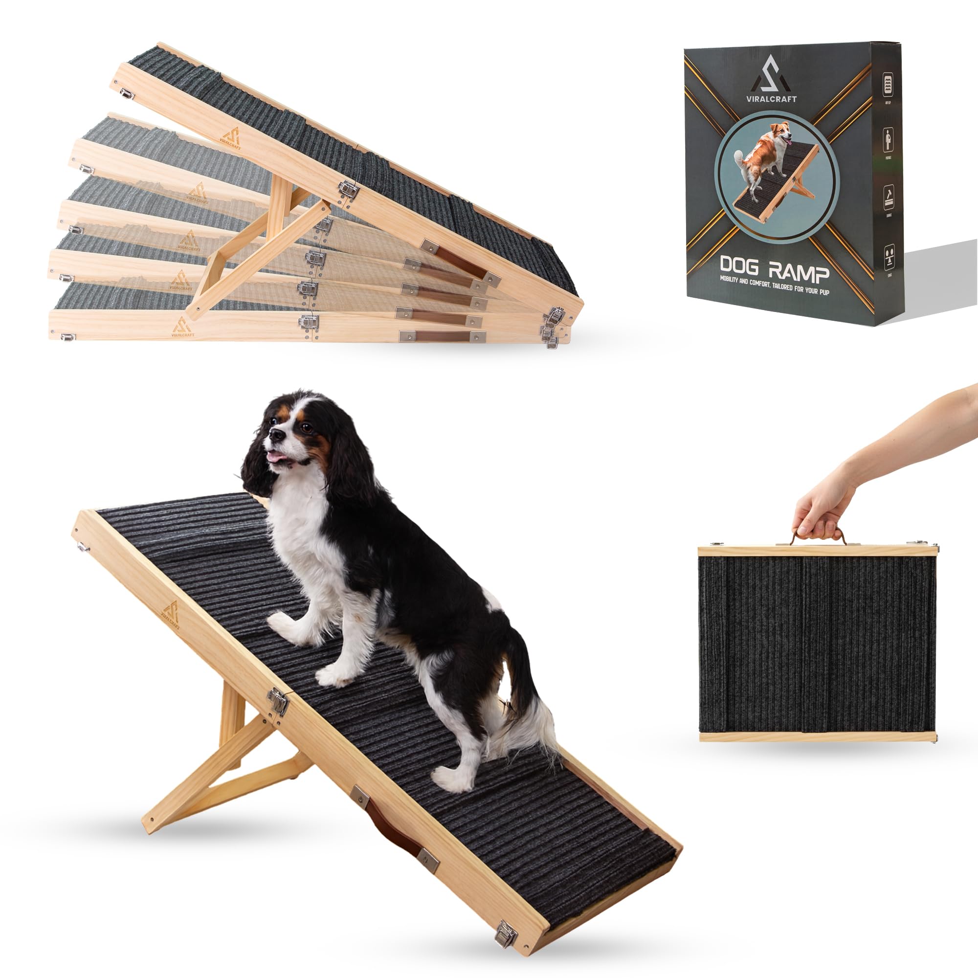 VIRALCRAFT Adjustable Dog Ramp for Bed, 40.5 Inch Long Foldable Solid Wood Pet Ramp for Dogs and Cats, 10 to 24 Inch Height, Non