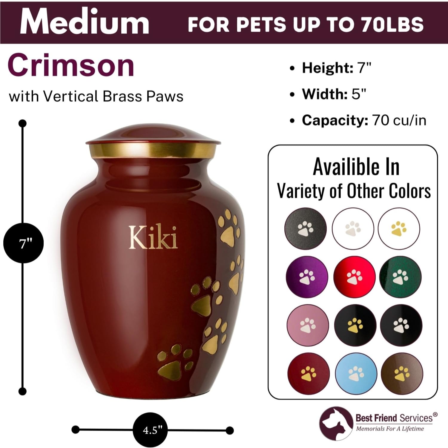 Best Friend Services Pet Urn For Dogs And Cats With Personalized Laser Engraving, Ottillie Paws Premier Series Memorial Urns (Me