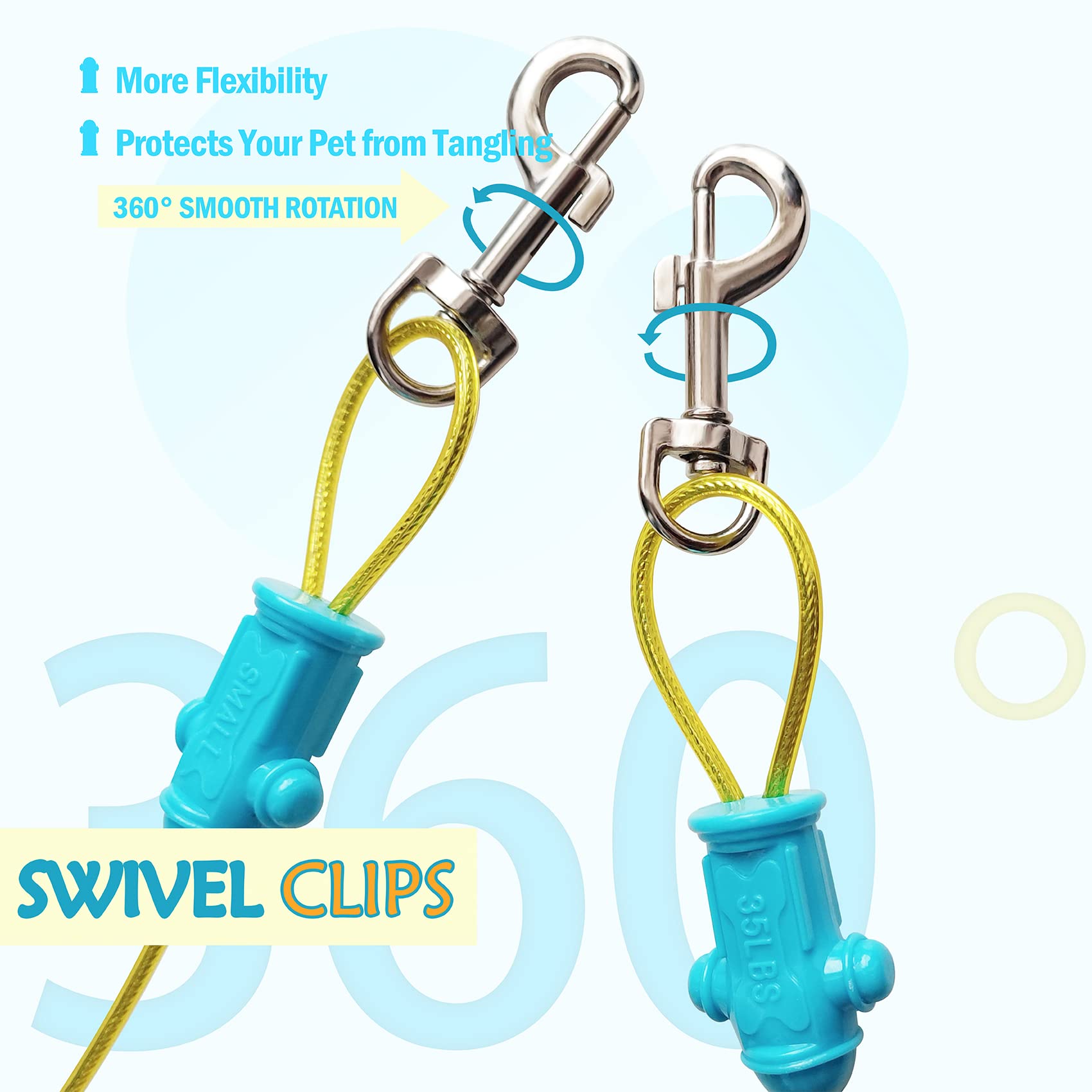 Petest Reflective Tie Out Cable for Small Dogs up to 35lbs, 15ft, Vinyl, Blue & Yellow