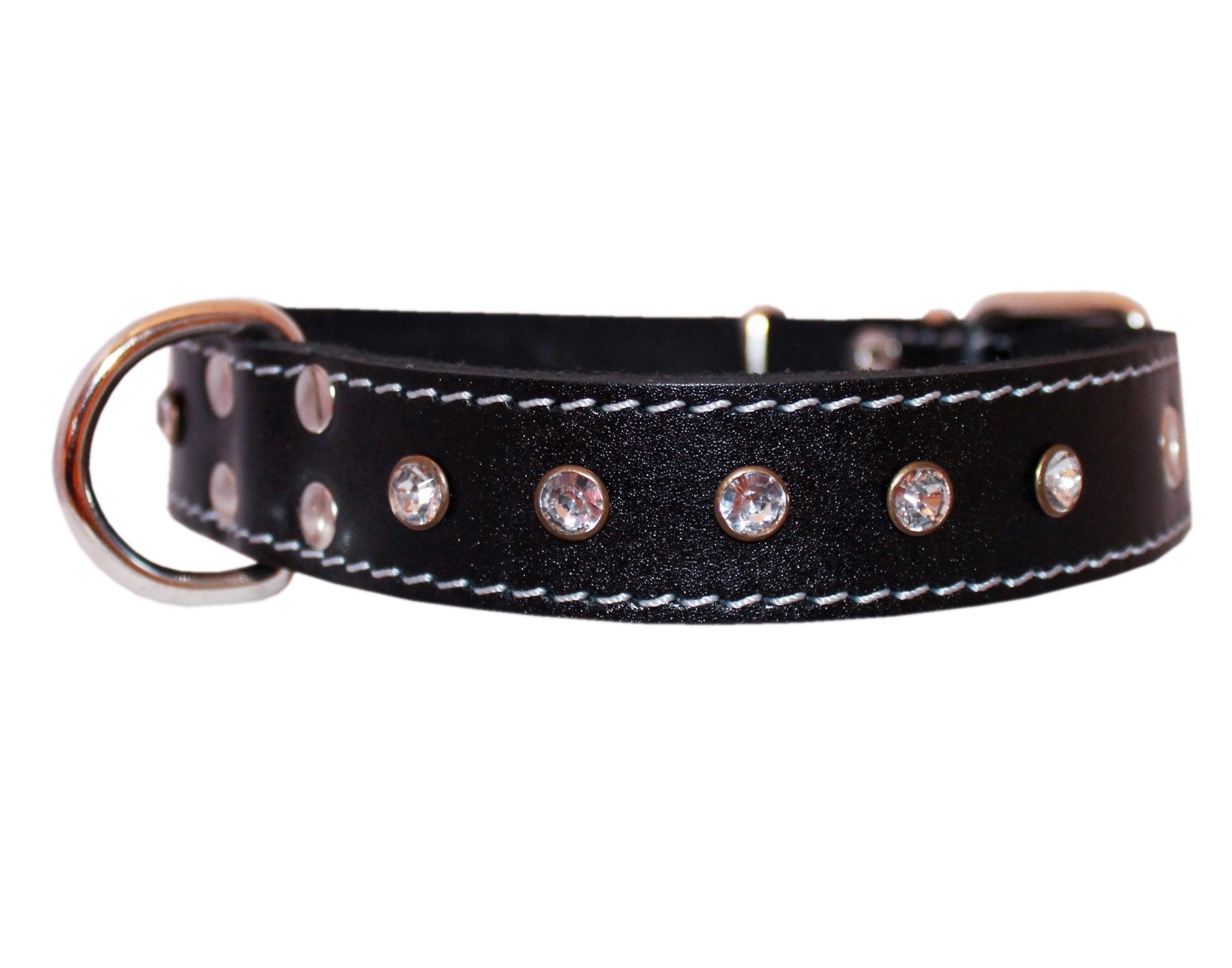 Genuine Black Leather Rhinestone Dog Collar 1'X20' Fits 14'-18' Neck