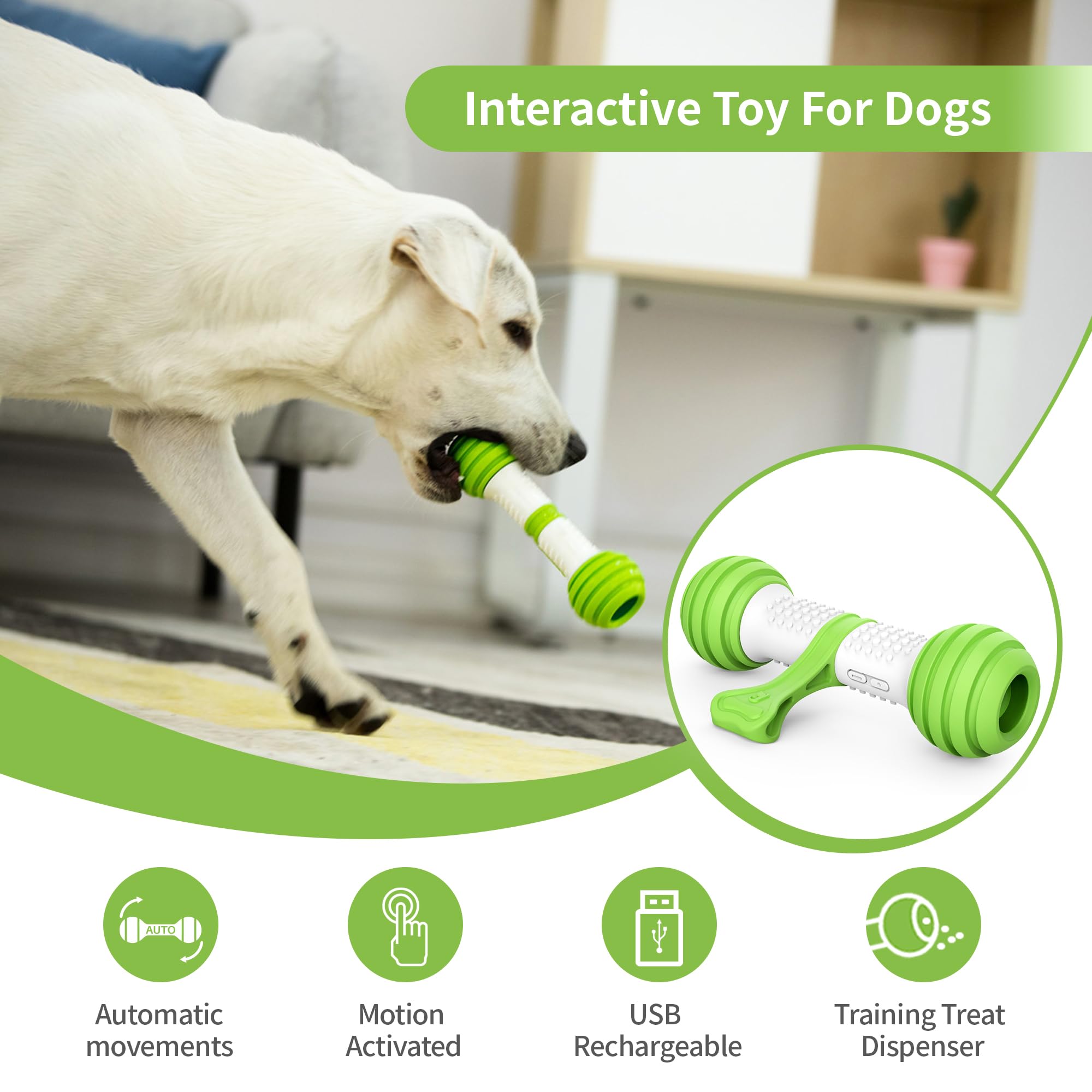 PETGEEK Interactive Dog Toy - Motion Activated USB Rechargeable Bone for Medium Large Dogs - Green Automatic Dog Toy for Boredom & Stimulation