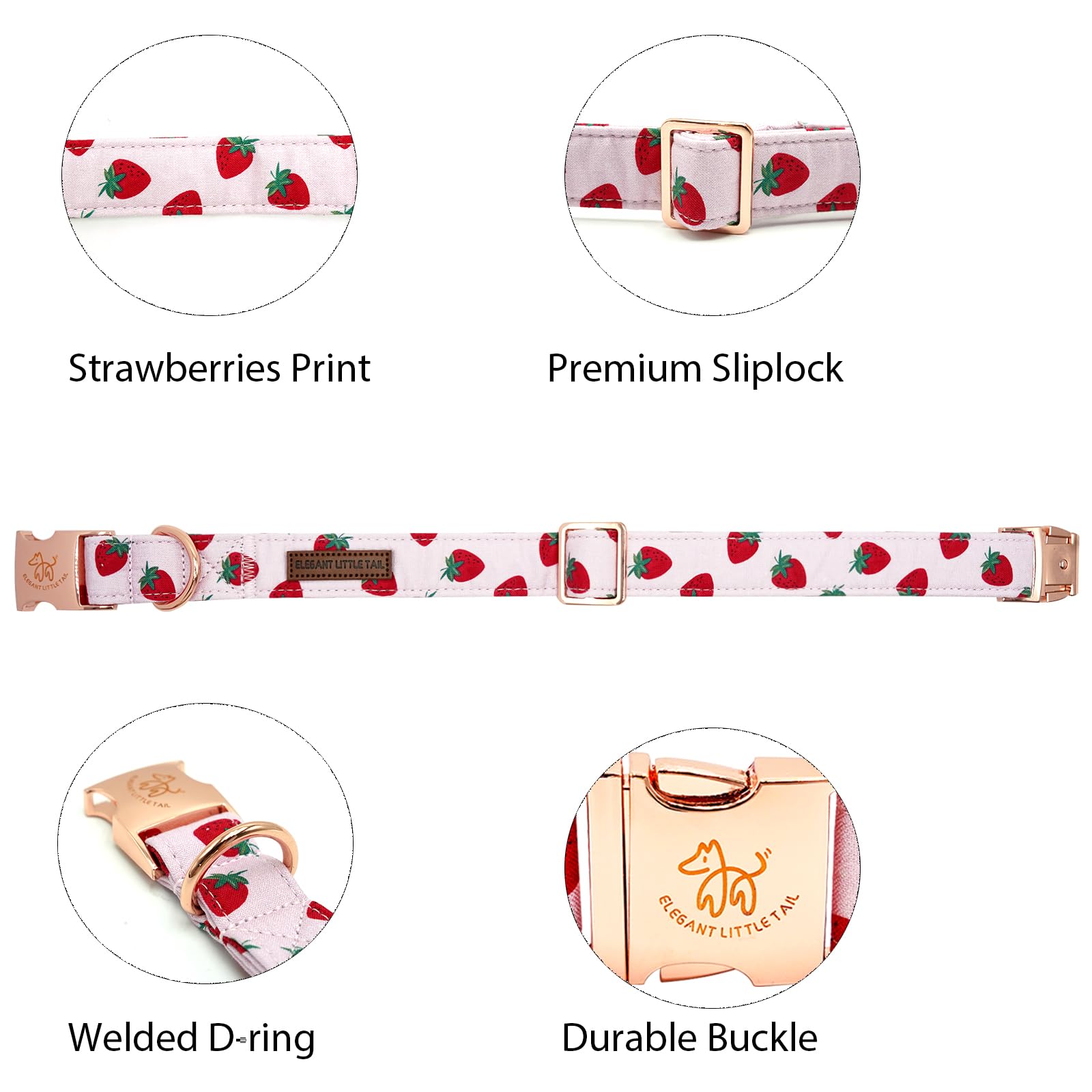 Elegant Strawberries Print Summer Dog Collar - Cotton, Durable Metal Buckle Collar For Small Dogs