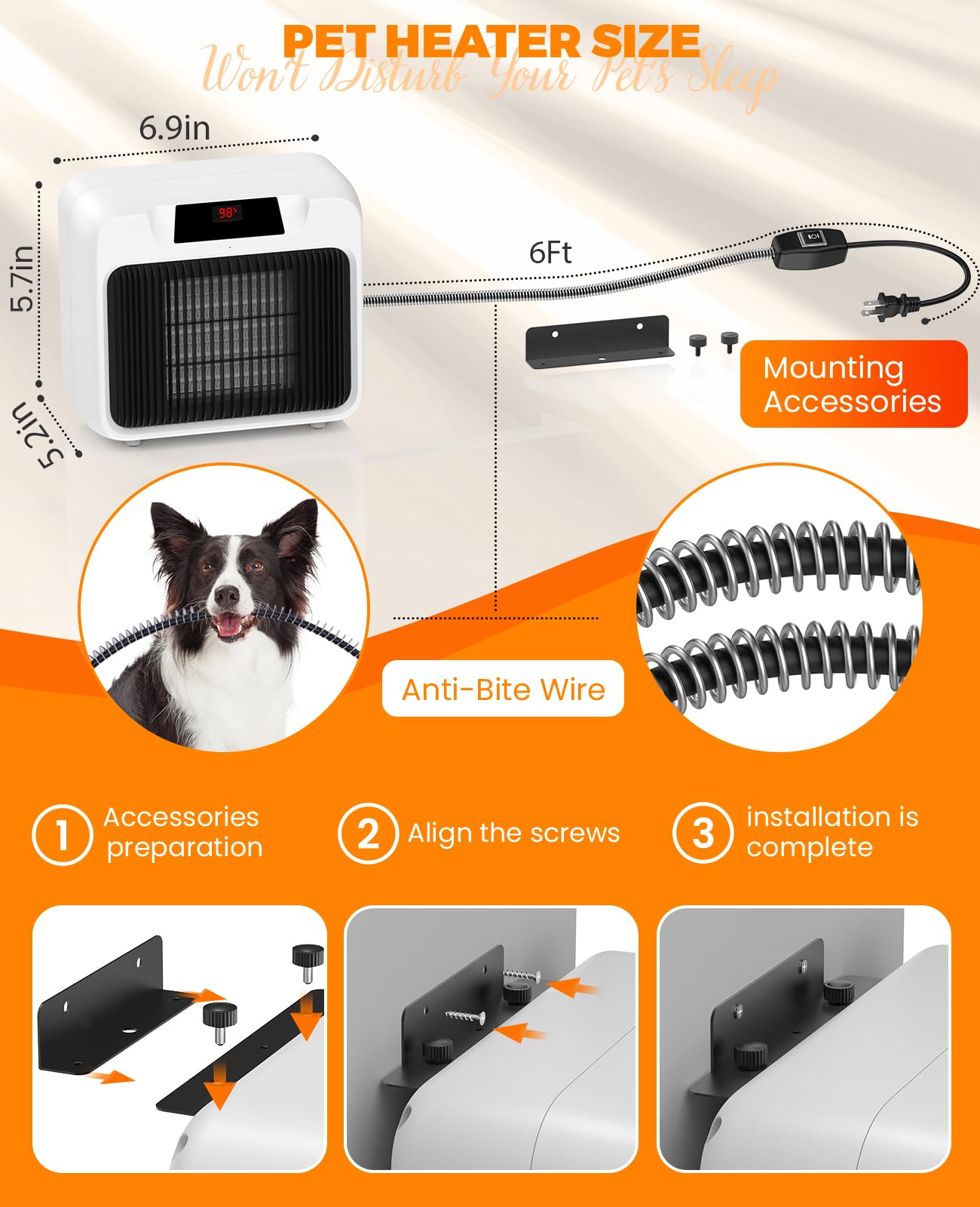Dog House Heater With Thermostat,Heated Dog House With 6FT Anti Chew Cord and 2 Heating Mode (300/600W), Safe Pet House Heater f