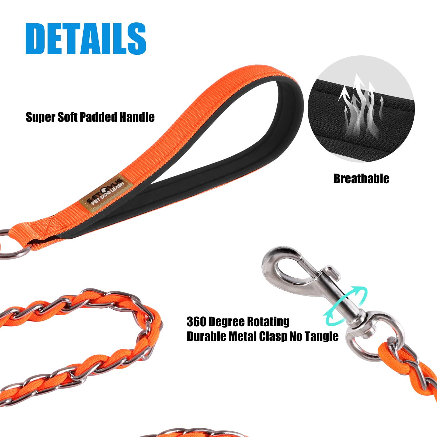 Chain Dog Leash Chew Proof Metal Leash For Medium Large Dogs, Chain Link Dog Leash Anti Chew 4Ft Strong Anti Bite Dog Leash Comfortable Soft Padded Handle Orange 3.0