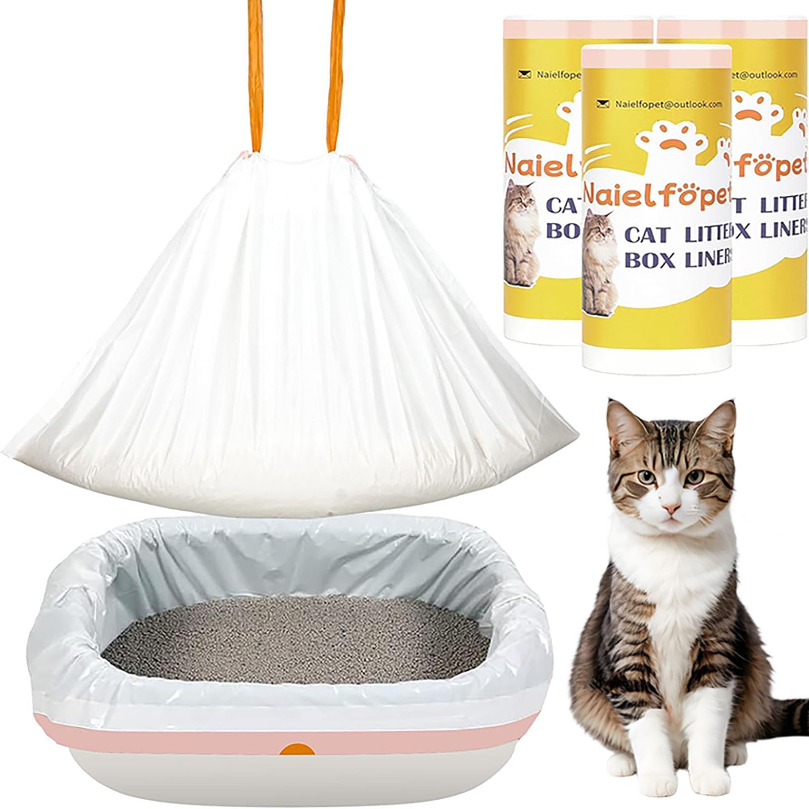 Naielfopet 30 Count 46'' X 19'' Jumbo Cat Litter Trash Bags With Drawstring, Extra Large Heavy Duty Cat Waste Bags For Top-Open 
