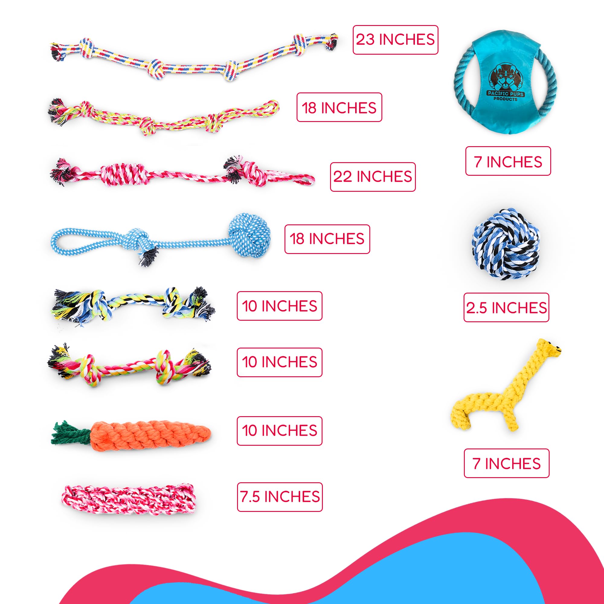 Pacific Pups Products Rope Dog Toy Bundle - 11 Pack of Multi Color Tug & Chew Toys for Medium and Small Dogs