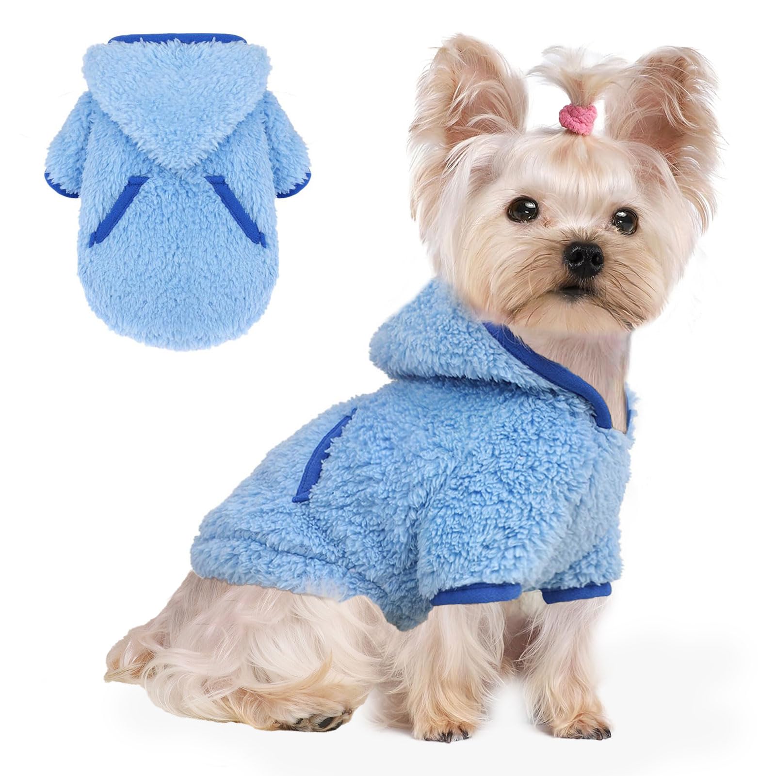 Fleece Dog Sweater Hoodie Sweatshirts Warm Fuzzy Velvet Sweaters Winter Clothes For Small Dogs Girl Boy Pet Coats Cat Apparel(Bl