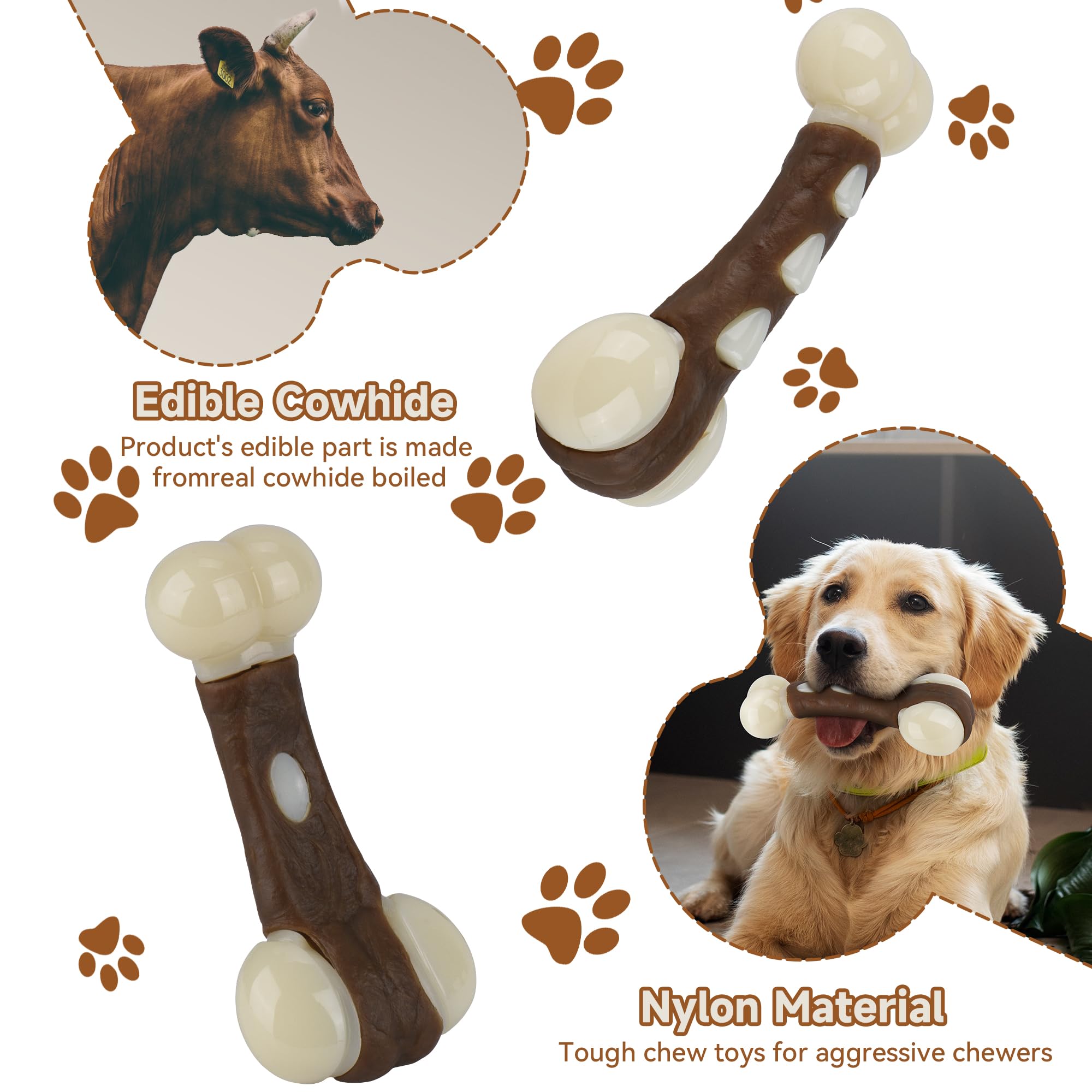 Pawspurr Indestructible Dog Bones Chew Toys For Aggressive Chewers - 2 Pack, Real Beef Flavor, Durable Nylon Dog Toys For Large,