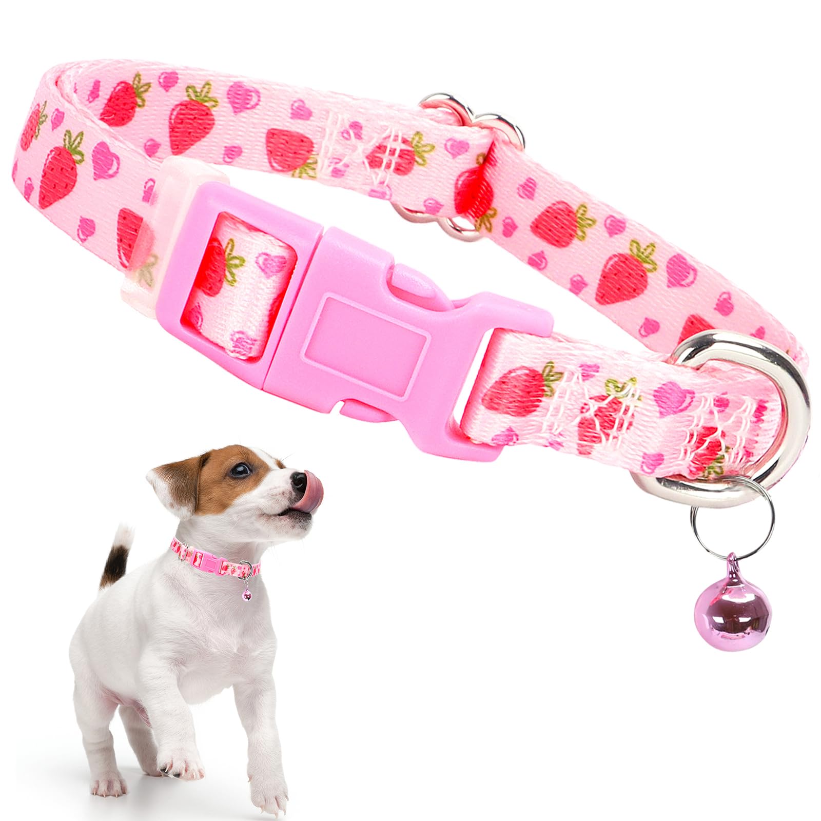 Cute Pink Xxs Xs Dog Collar With Bell, Soft Adjustable Strawberry Puppy Collar Tiny Cat Collars With Bells For Xs Small Girl Fem