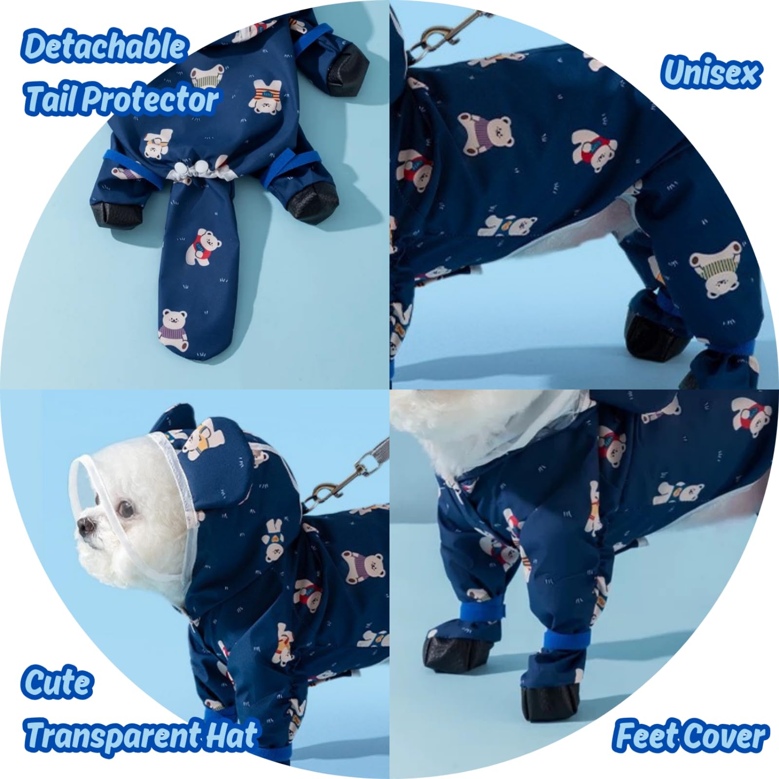 Harikaji Small Dog Raincoat, Tail Protect Feet Cover Waterproof Dog Rain Jacket Dog Rain Coat For Puppy Small Dogs (Navy Bear,S)
