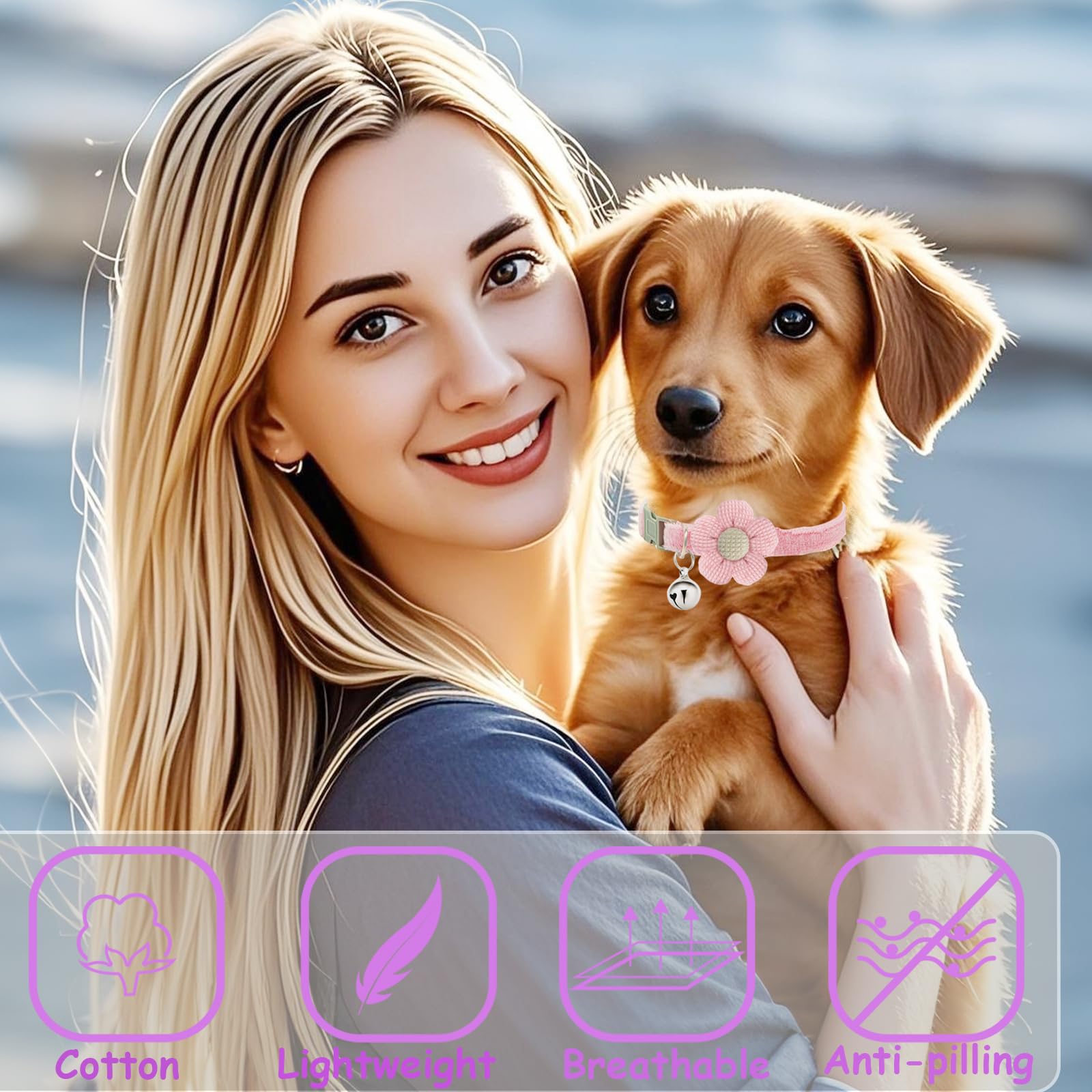 Puppy Collars, Small Dog Collars For Small Dogs With Bellxs Dog Collars For Girl Boy With Flower (White + Purple + Pink)