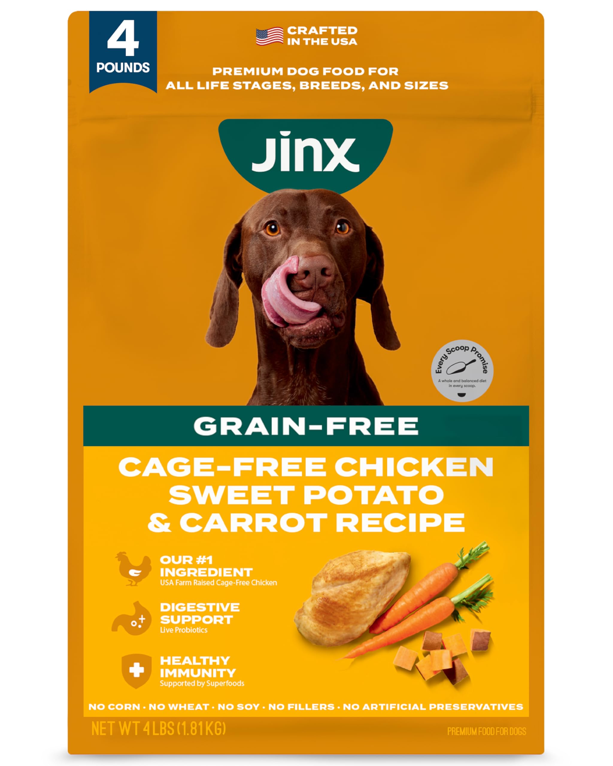 Jinx Premium Grain-Free Dry Dog Food, for All Lifestages - Real Chicken, Sweet Potato & Carrot Kibble with Superfoods for Immune
