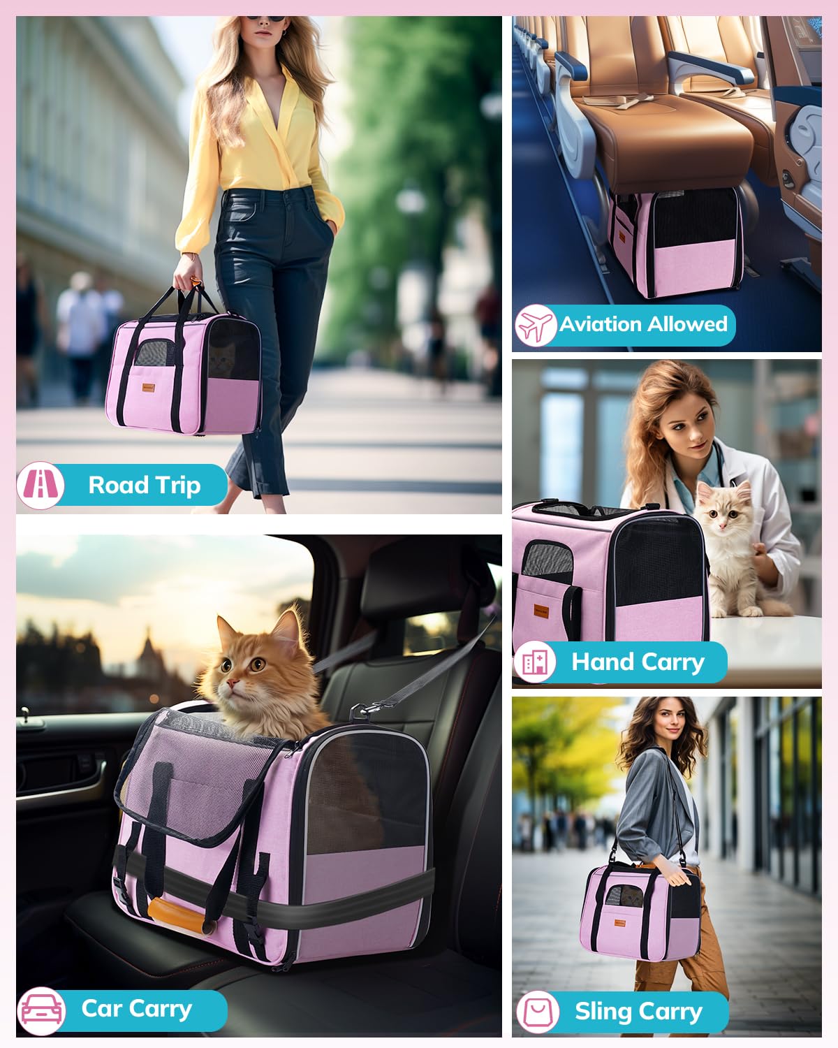 Morpilot Portable Cat Carrier - Soft Sided Cat Carrier For Medium Cats And Puppy Up To 15Lbs, Pet Carrier With Locking Safety Zippers, Foldable Bowl, Airline Approved Travel Dog Carrier - Pink