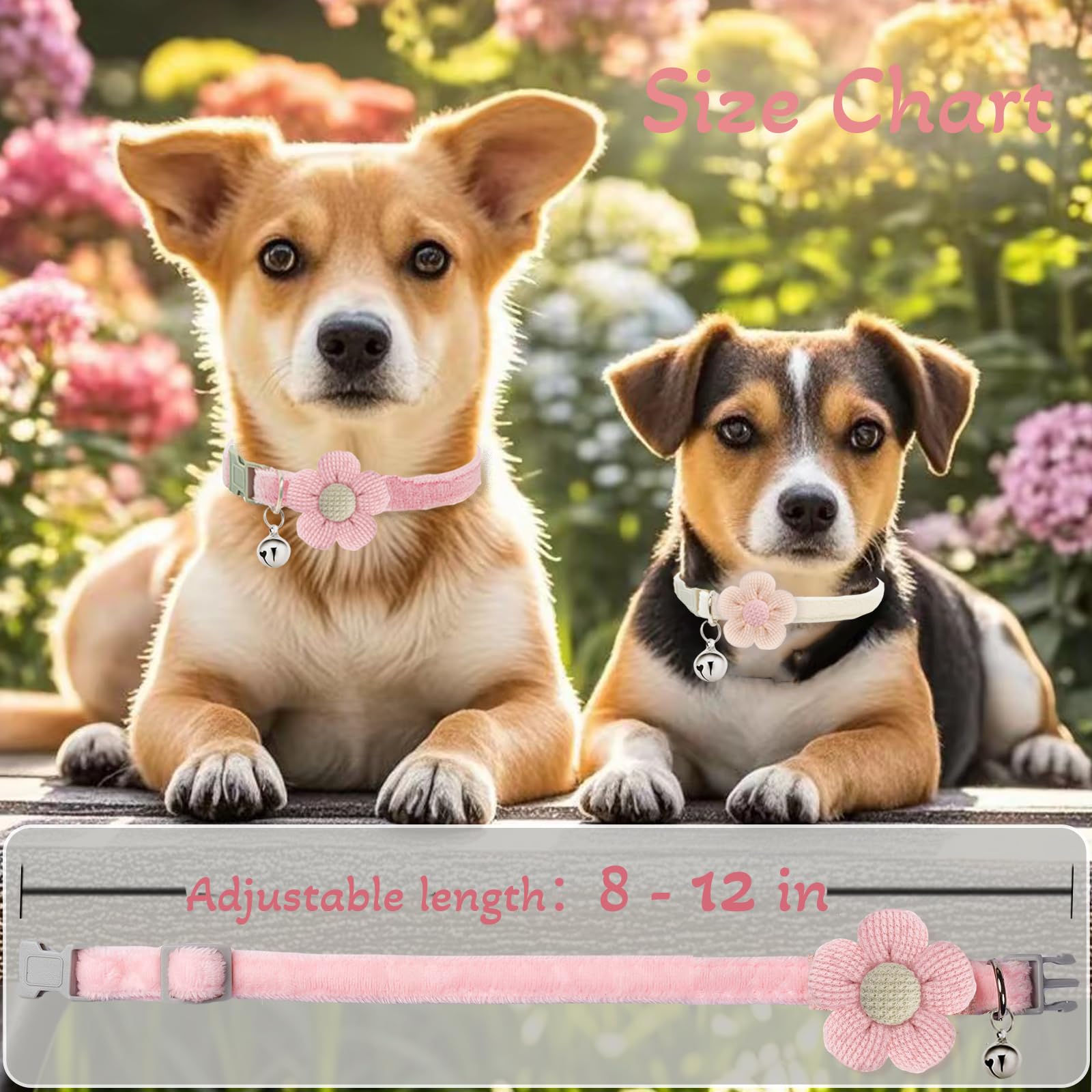 Puppy Collars, Small Dog Collars For Small Dogs With Bellxs Dog Collars For Girl Boy With Flower (White + Yellow + Pink)