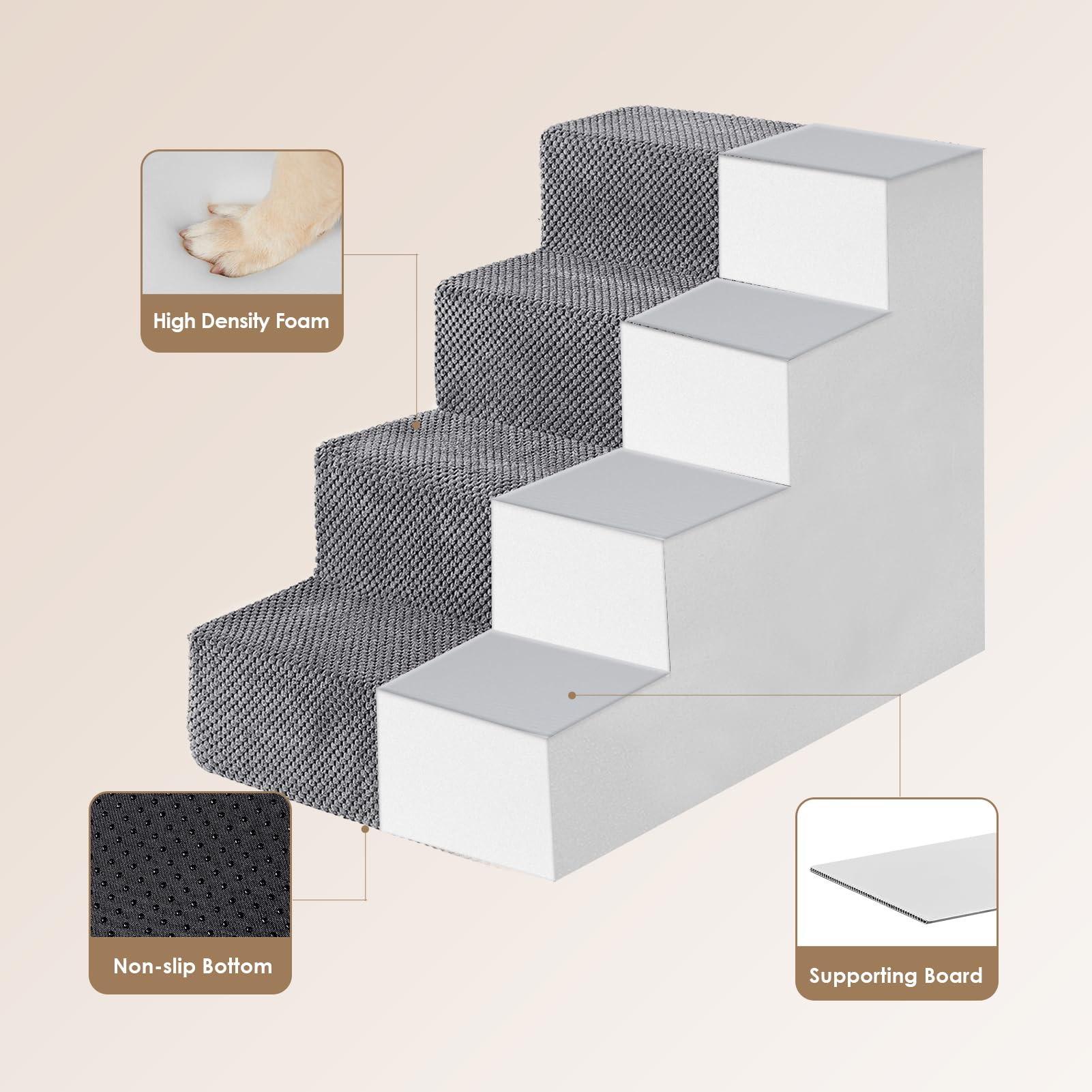 Eheyciga Dog Stairs For Small Dogs, 4-Step Dog Stairs For High Beds And Couch, Folding Pet Steps For Small Dogs And Cats, And High Bed Climbing, Non-Slip Balanced Dog Indoor Step, Grey, 3/4/5 Steps