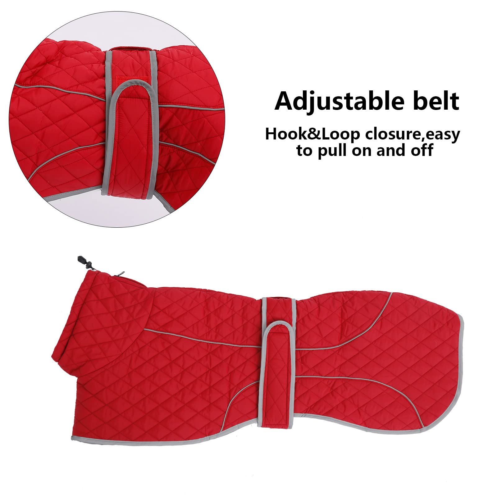 Greyhound Winter Coat, Whippet Coat With Padded Fleece Lining, Water Resistant Dog Jacket With Hook And Loop Closure And Reflective Trim Safety - Red - Medium