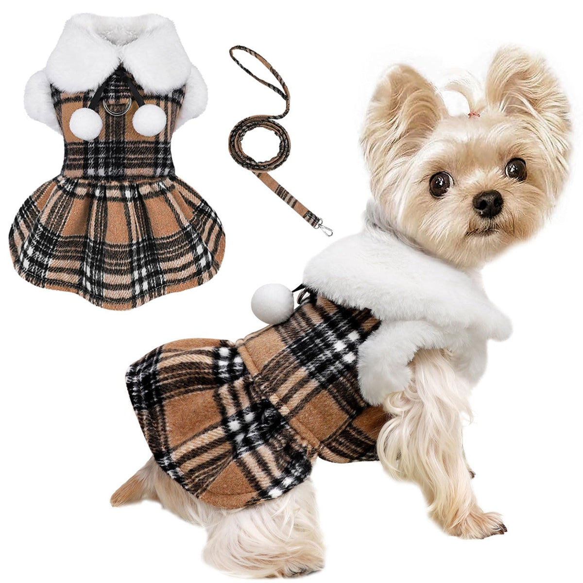 Xs Dog Sweater With Leash Set D Ring Plaid Fleece Dog Clothes For Small Dogs Girl Boy Winter Pet Dress, Cold Weather Dog Coat Wi