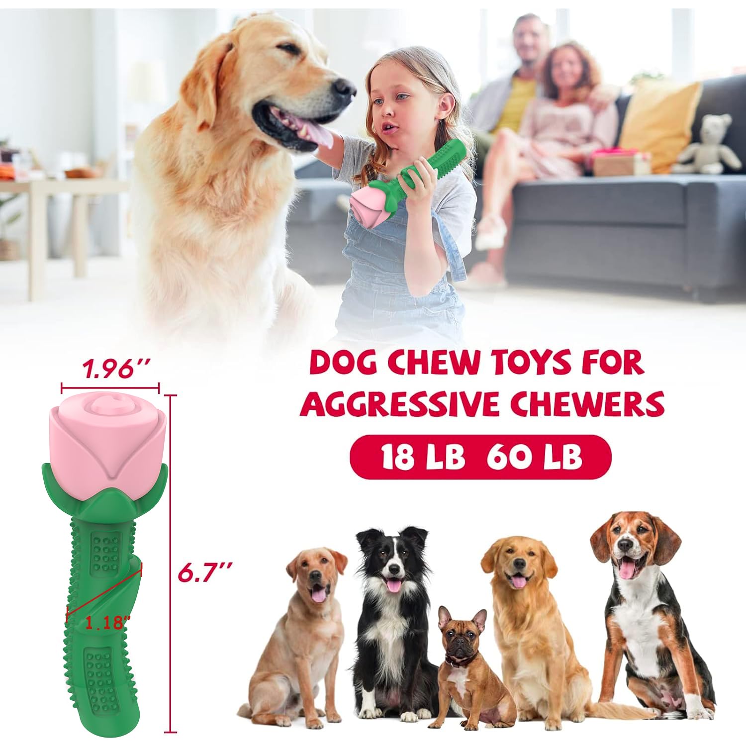 ucho Dog Toy for Aggressive Chewers, Rose Shaped, Light Pink, Interactive Chew Toy for Training and Dental Care