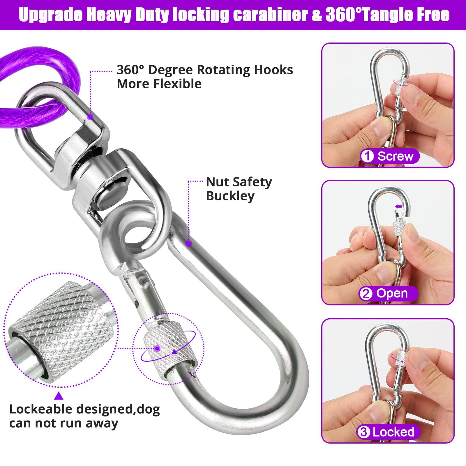 Jenico Dog Tie Out Cable, 10/15/20/30/40/50/70/100/150FT Runner Cable with Swivel Hook and Shock Spring, Outdoor and Camping Dog