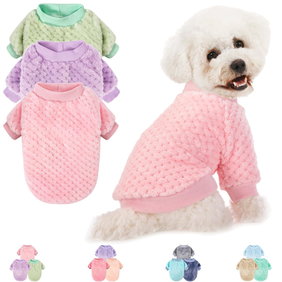 Dog Sweater, 2 Or 3 Pack Dog Sweaters For Small Medium Dogs Or Cat, Warm Soft Flannel Pet Clothes For Dogs Girl Or Boy, Dog Shirt Coat Jacket (X-Small, Pink+Purple+Light Green)