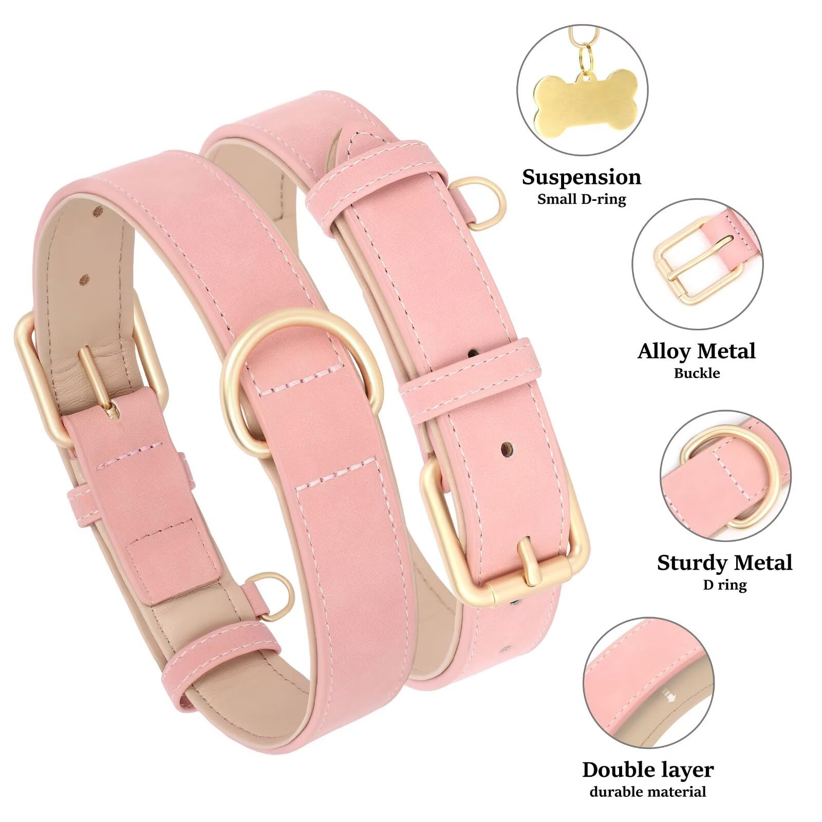 Didog Soft Padded Leather Dog Collar, Adjustable Pink Dog Collars For Medium Dogs With Heavy Duty Metal Buckle And D Ring,Pink,M