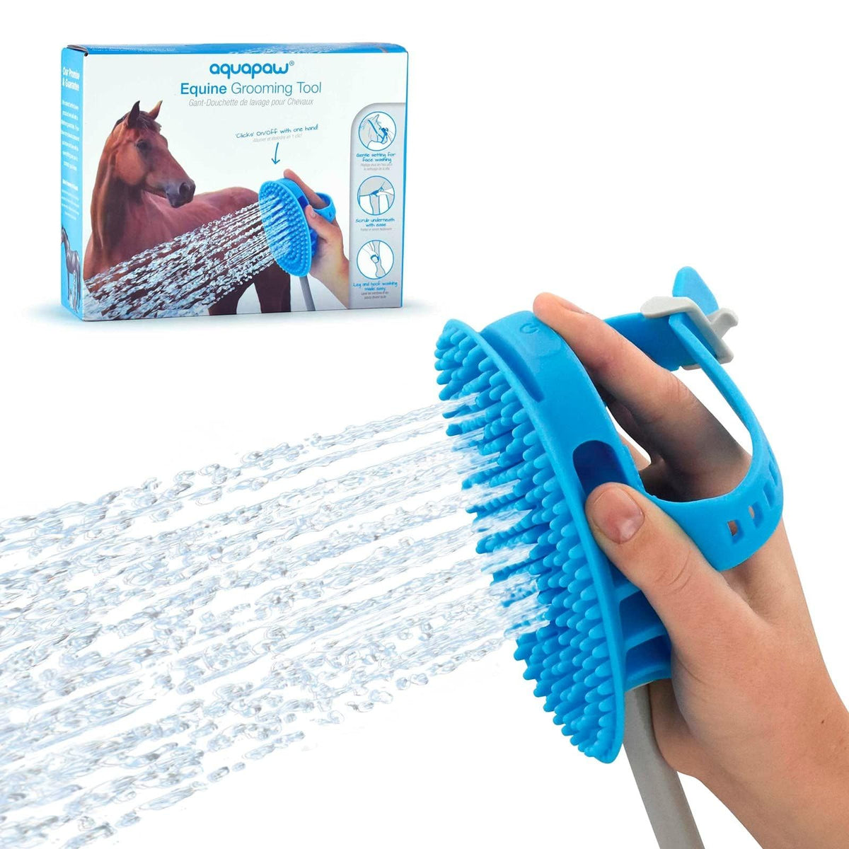 Aquapaw 5-In-1 Horse Bathing Tool & Curry Comb For Washing, Spraying, Scrubbing, Massaging & Grooming | Includes 3 Foot Garden Hose & Adapter | 1 Size Fits All - Great For Horses, Livestock & Big Dogs