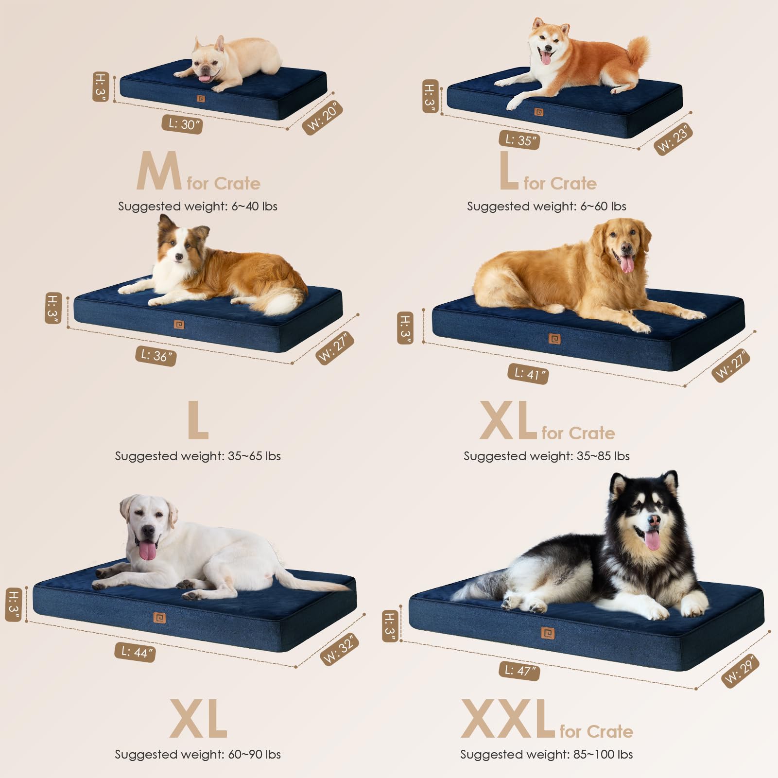 Eheyciga Orthopedic Memory Foam Dog Beds For Extra Large Dogs With Removable Waterproof Liner, Navy, 41X27