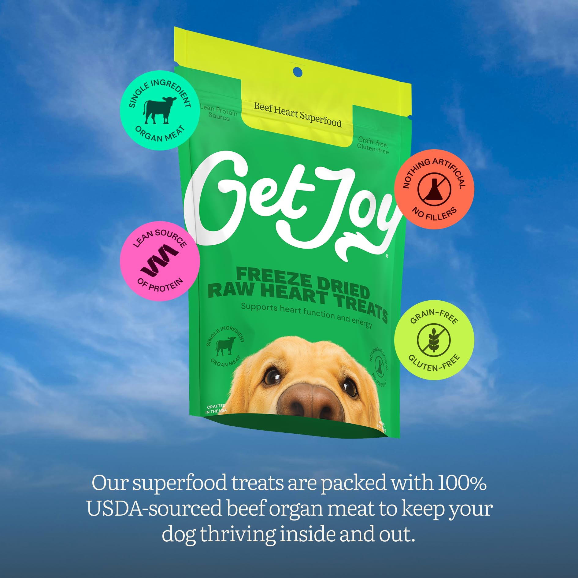 Get Joy Freeze Dried Superfood 100% Beef Heart Dog Treats, 4 Ounce Bag, Single Ingredient Organ Meat, High Protein, Heart Health