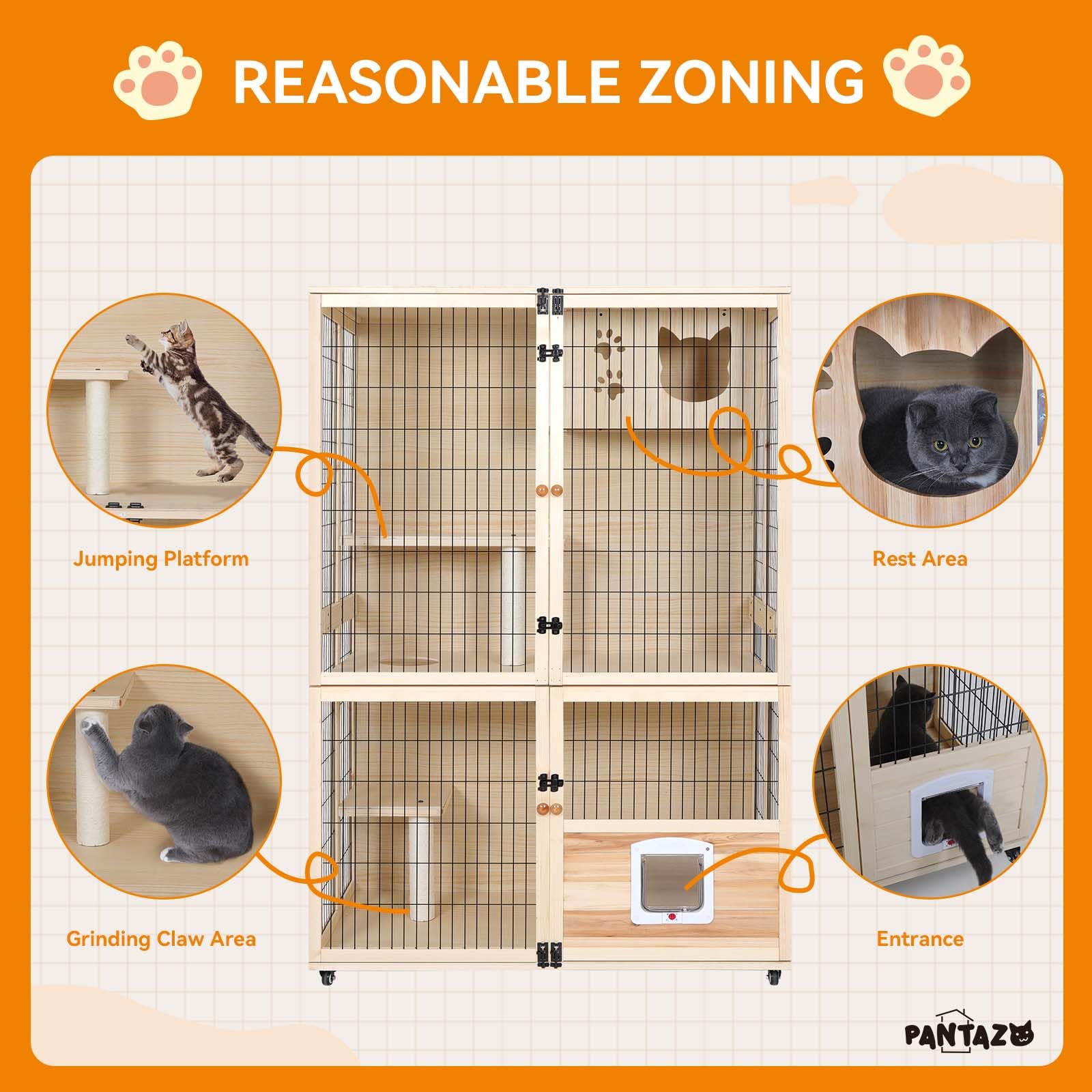 Pantazo Wooden Cat House Large Space Cats Cage With Scratching Post And Lockable Wheels Double Layer With Escape Door Outdoor/In