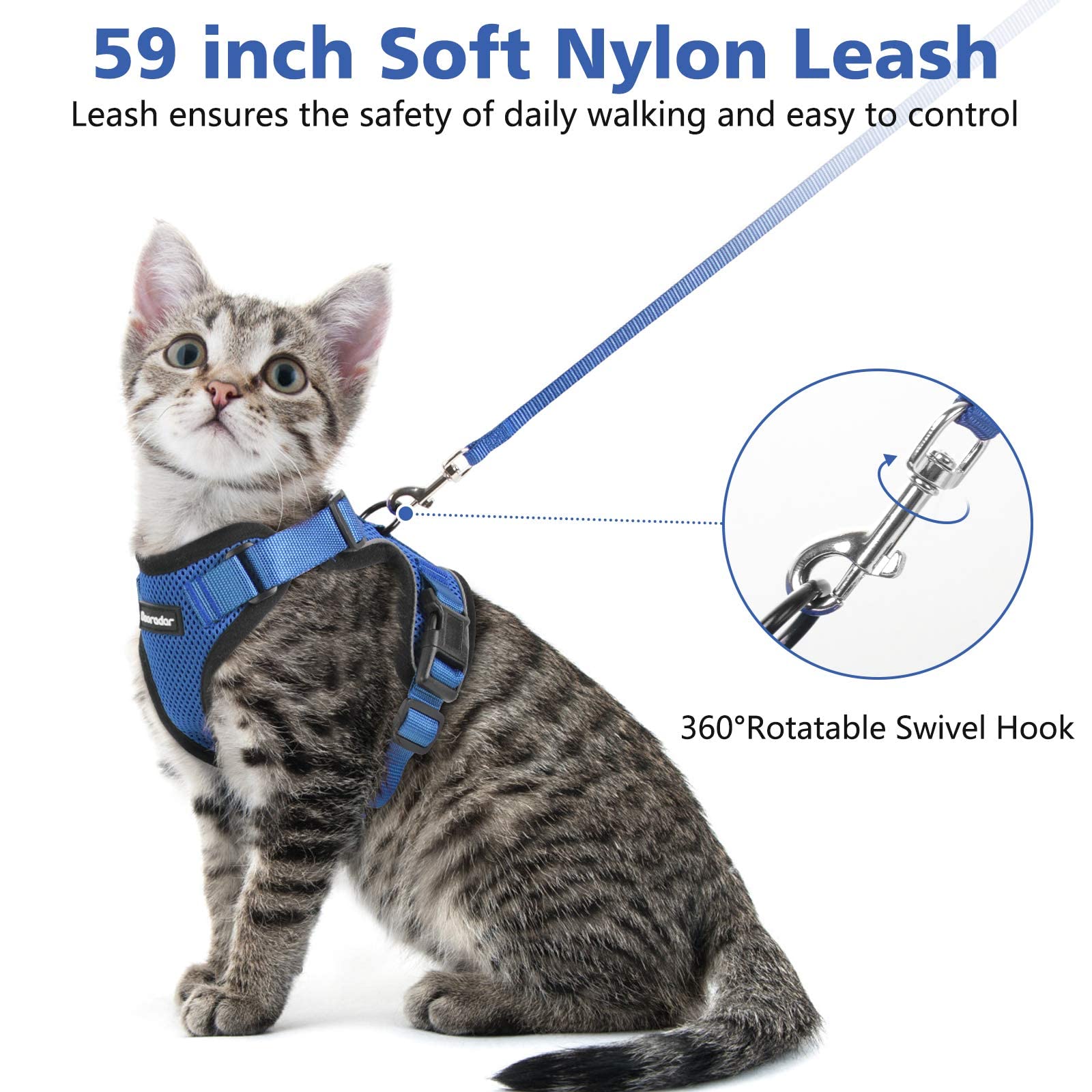 Dooradar Cat Harness and Leash Set, Adjustable XS Blue Nylon Vest with Reflective Strips, Escape Proof for Safe Walking