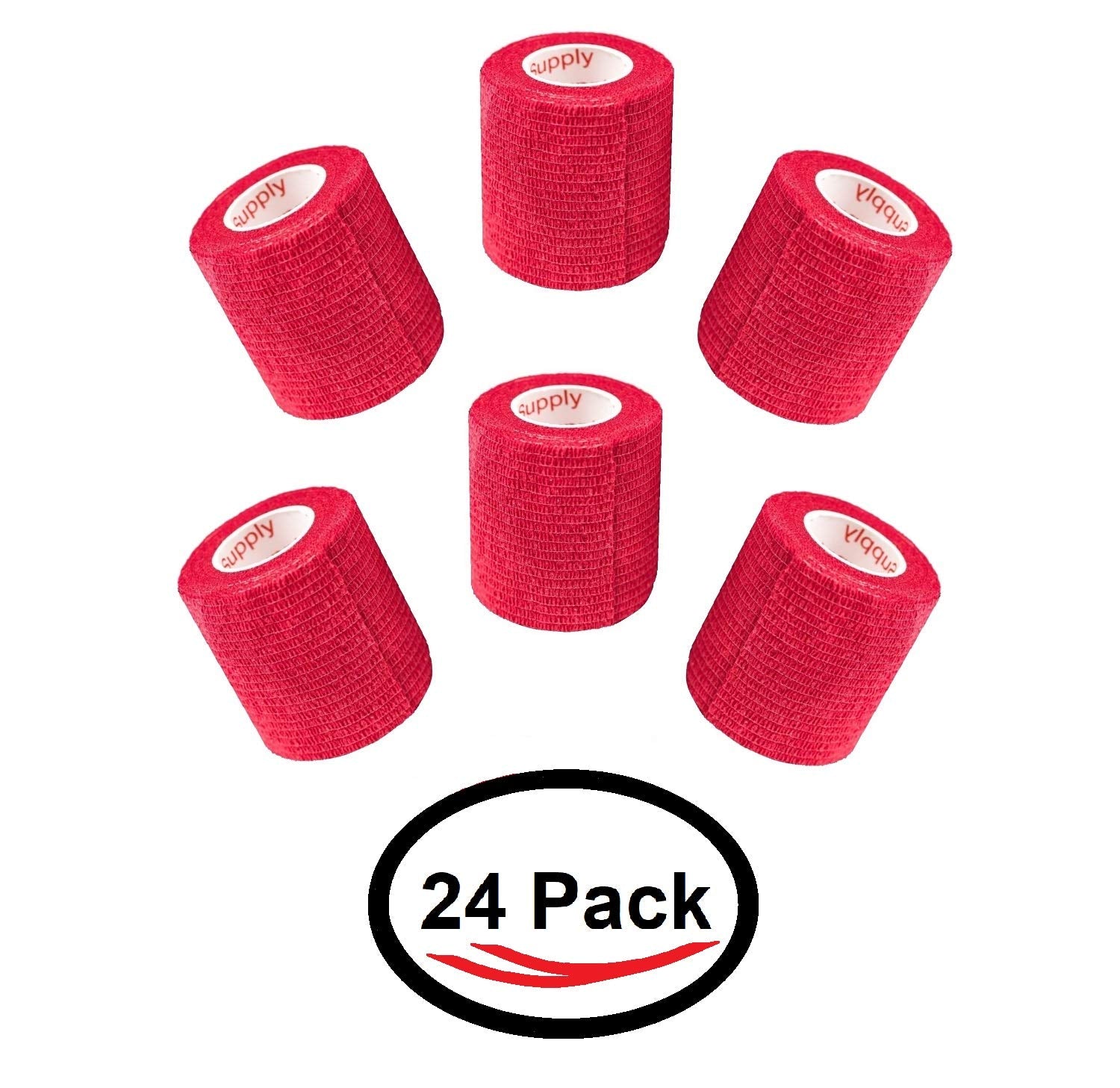 2 Inch Vet Wrap Tape Bulk (Red) (Pack of 24) Self Adhesive Adherent Adhering Flex Bandage Grip Roll for Dog Cat Pet Horse