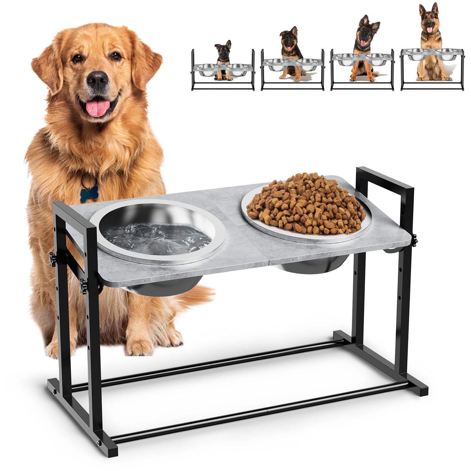 Elevated Dog Bowls For Large Dogs, 4 Height Adjustable Tilted Raised Dog Bowl Stand With 2 Stainless Steel 2L Bowls, 13.6'' Tall