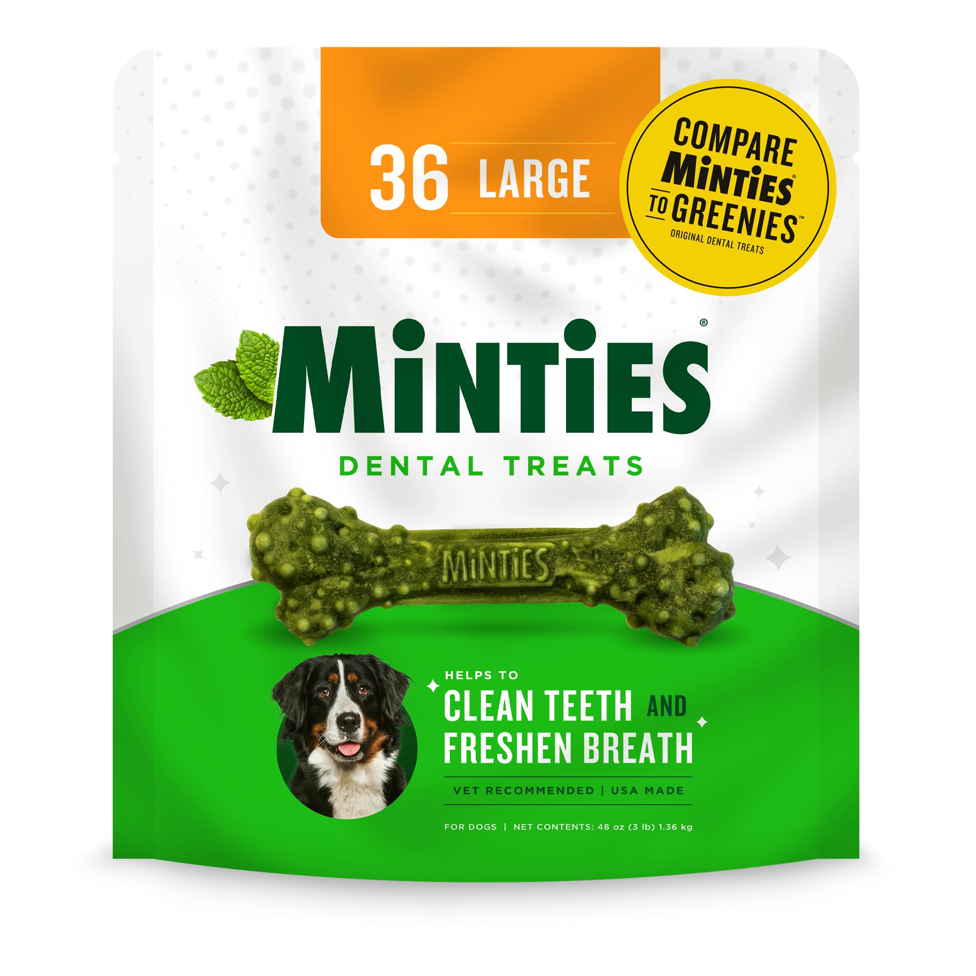 Minties Dental Chews for Dogs, 36 Count, Vet-Recommended Mint-Flavored Treats for Large Dogs Over 50 lbs, Dental Bones Clean Tee