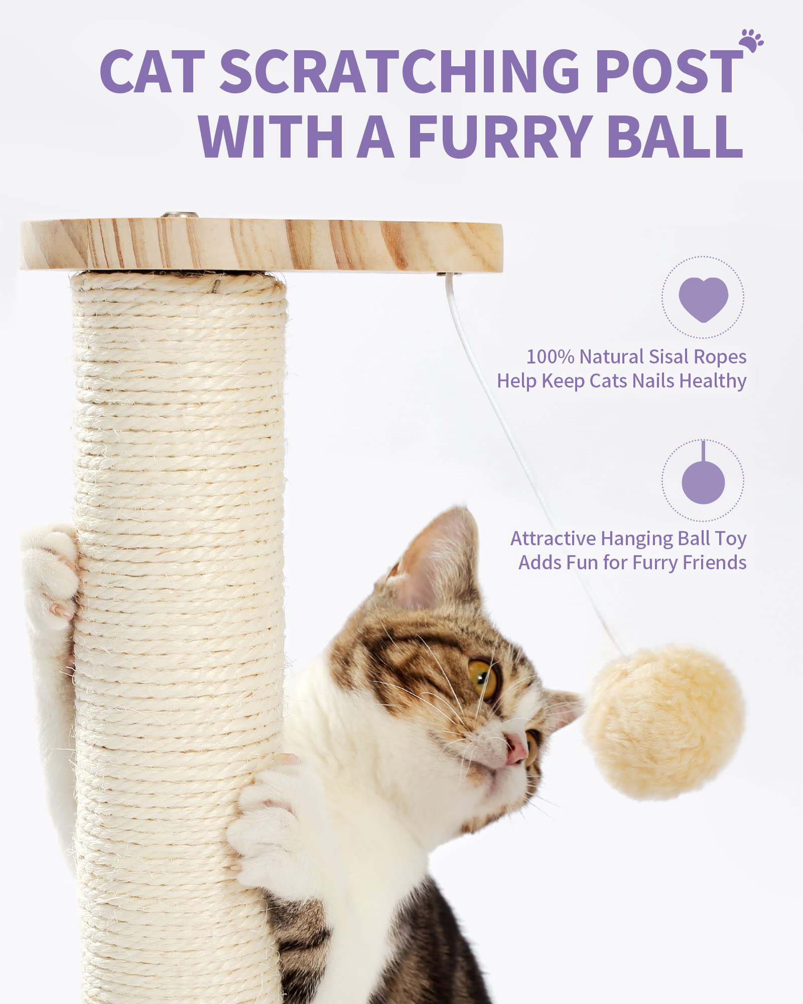 Made4Pets Cat Scratching Post Cat Scratcher Kitten Toys For Indoor Cats Wooden Ball Track Two-Layer Modern Sisal 17.7' Tall Scratch Post Interactive Toy With Dangling Ball