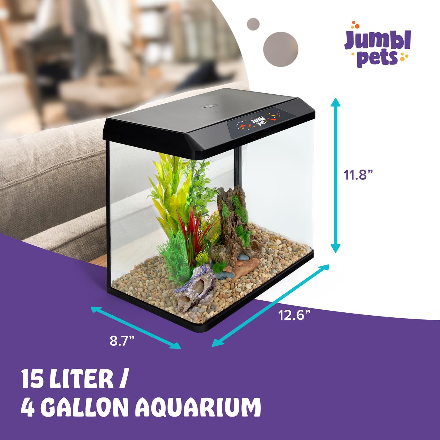 JumblPets Starter Fish Aquarium Kit, 4 Gallon, Complete Beginner Glass Fish Tanks Set with LED Lighting, Internal Filtration Sys
