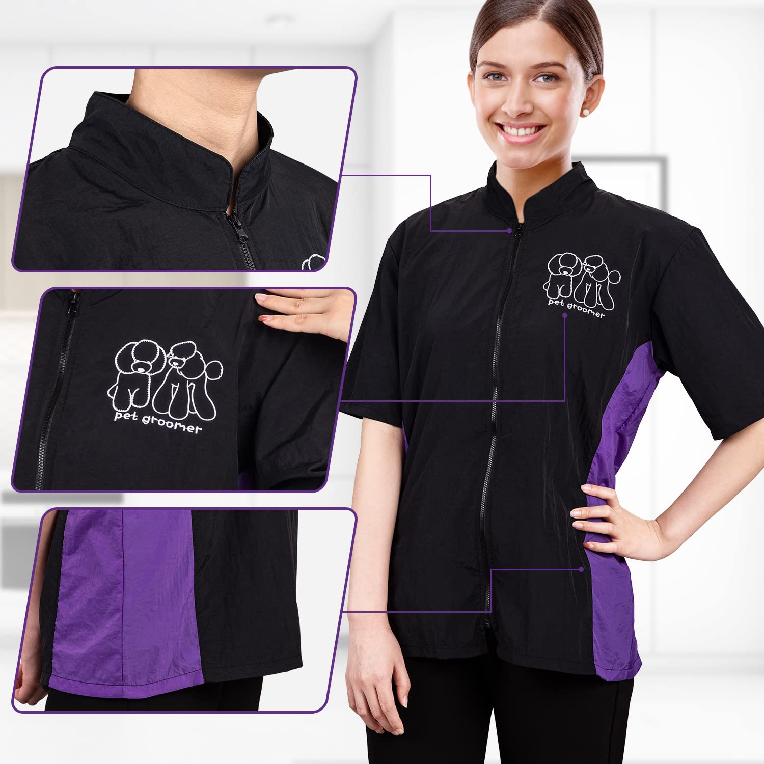 Noverlife Short Sleeves Pet Grooming Workwear With Full Zipper, Xl Size, Anti-Static Pet Beautician Smock, Lightweight Pet Groom