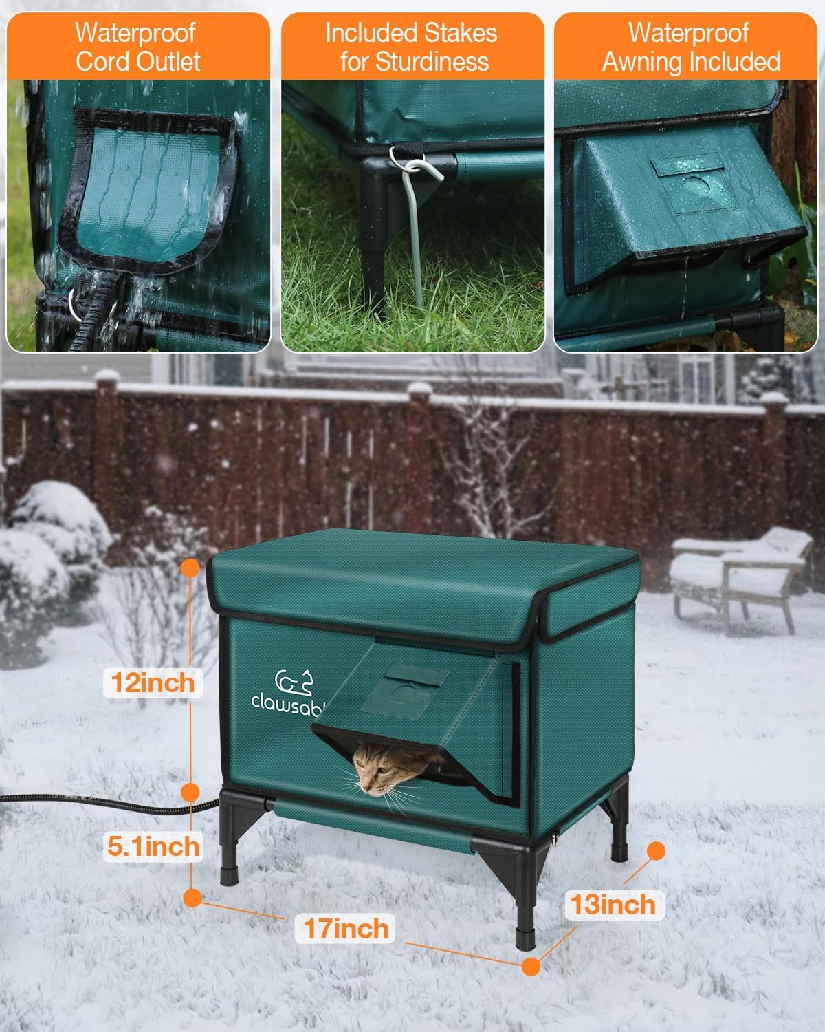 Indestructible Heated Cat House for Outside Winter, 100% Waterproof, Safe Escape Door, Insulated Outdoor Cat Shelter with Heater