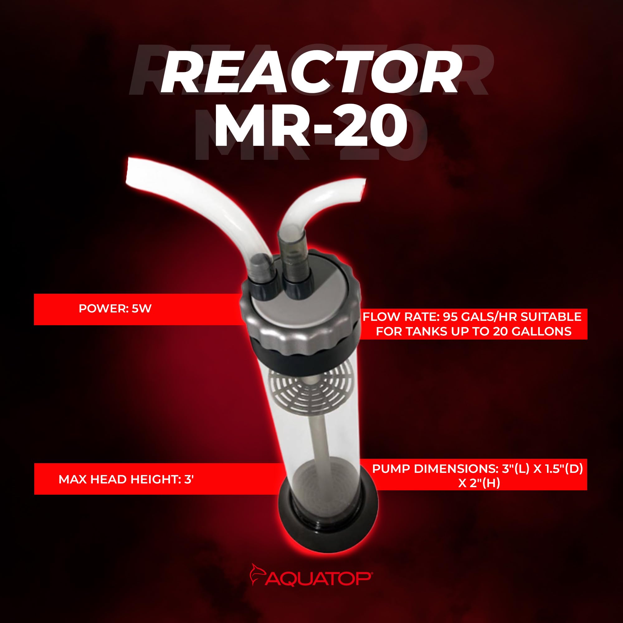 Aquatop Media Reactor - 95 GPH Up-Flow Filtration System for 10-75 Gal Tanks - Adjustable Pump - Multi Color - Model MR-20
