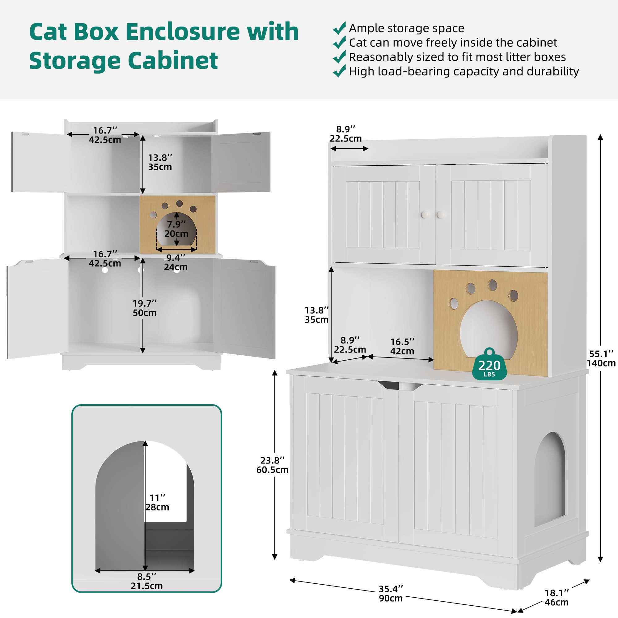 Yitahome Double Cat Litter Box Enclosure With Shelves, Tall Two Cat Litter Box Shelf Furniture With 2 Storage Cabinet, Wooden Du