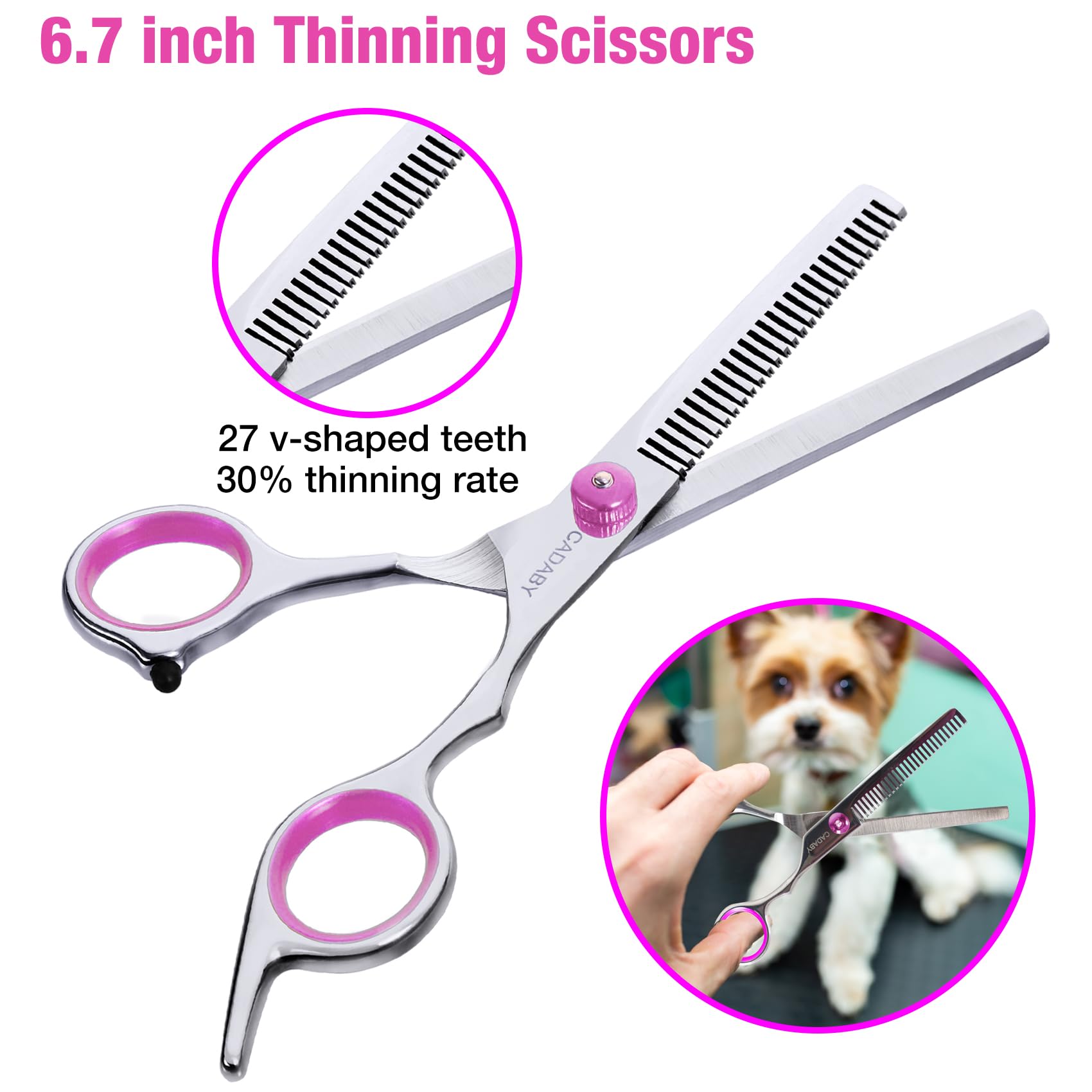 CADABY Pink Dog Grooming Scissors with Safety Tip, 3 in 1 Dog Grooming Scissors Kit, Professional Stainless Steel Pet Grooming S