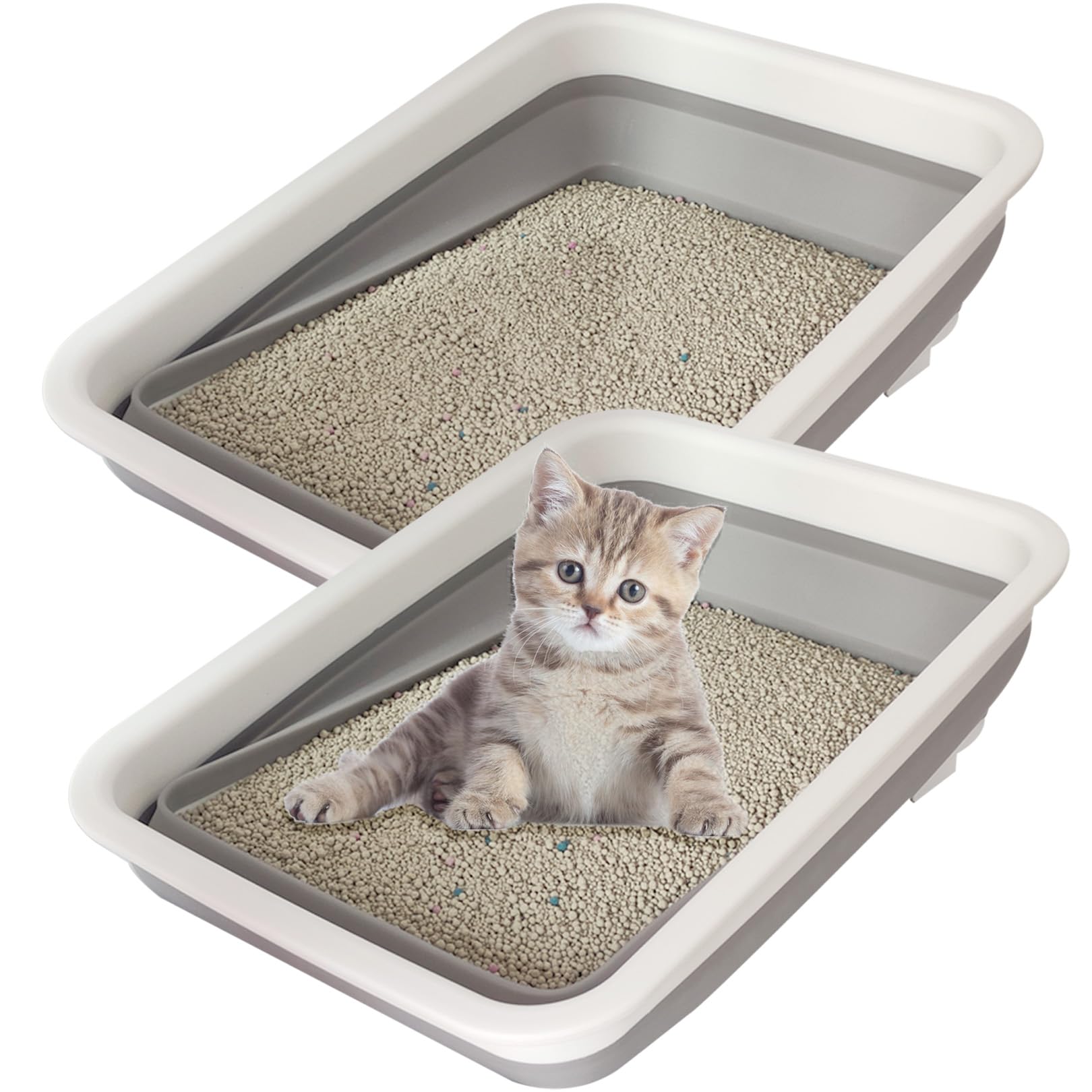 Chuyouan 2 Pack Collapsible Small Cat Litter Box, Open Kitten Litter Potty Pan Low Entry Pet Kitty Toilet Foldable Waterproof Tr