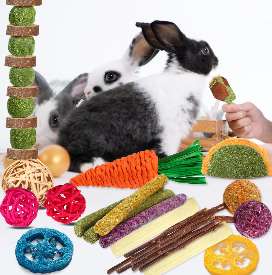 YIXUND Rabbit & Guinea Pig Toys - 27 Pcs Natural Timothy Hay & Apple Wood Sticks for Teeth Care - Handmade for Hamsters, Bunnies, Chinchillas